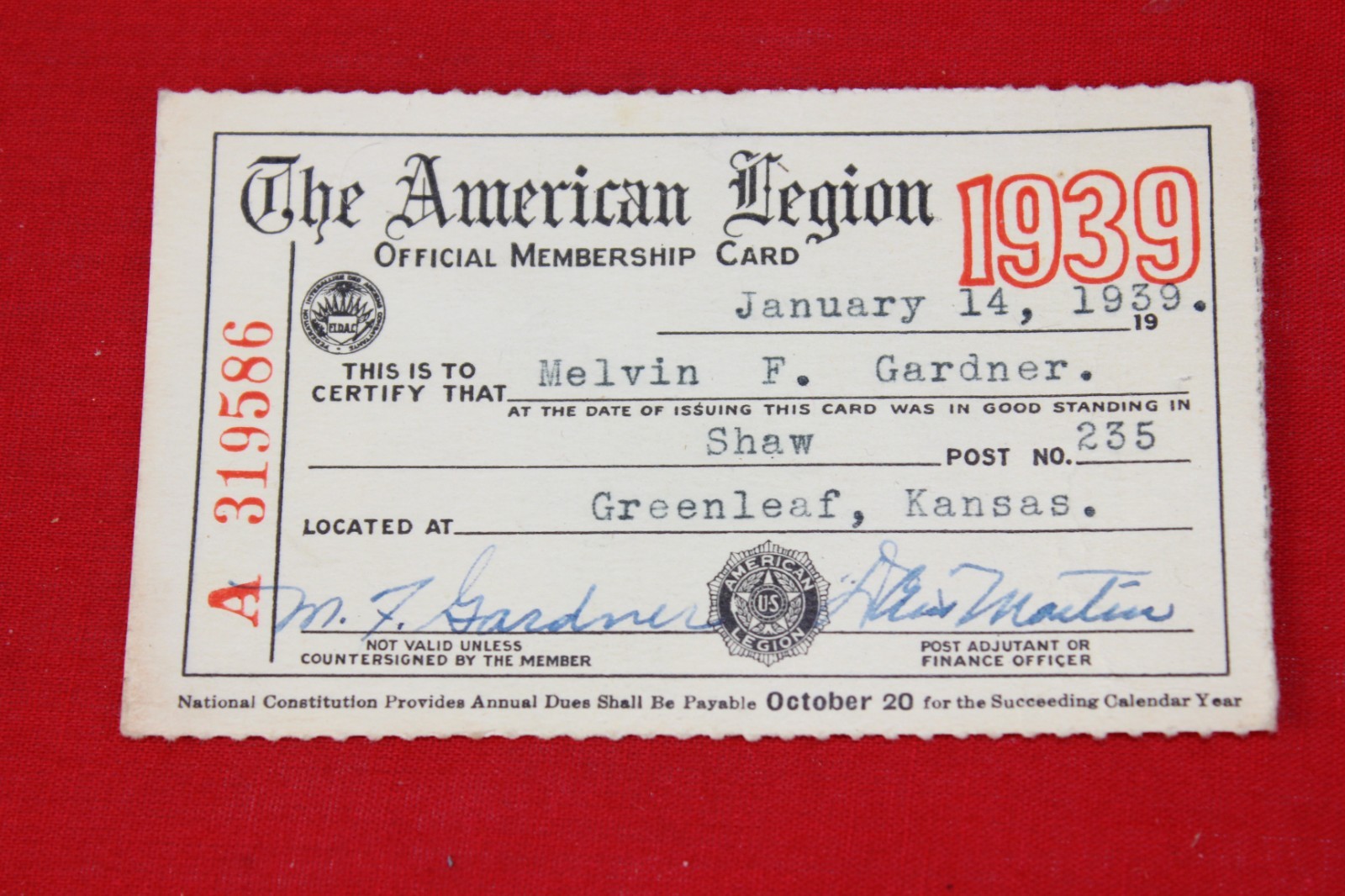 1939 The American Legion Membership Card  - Melvin Gardner,   Greenleaf Kansas