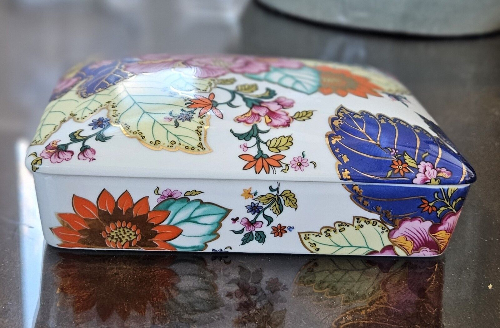 Horchow Tobacco Leaf Asian Chinoiserie Trinket Box Playing Cards Holder