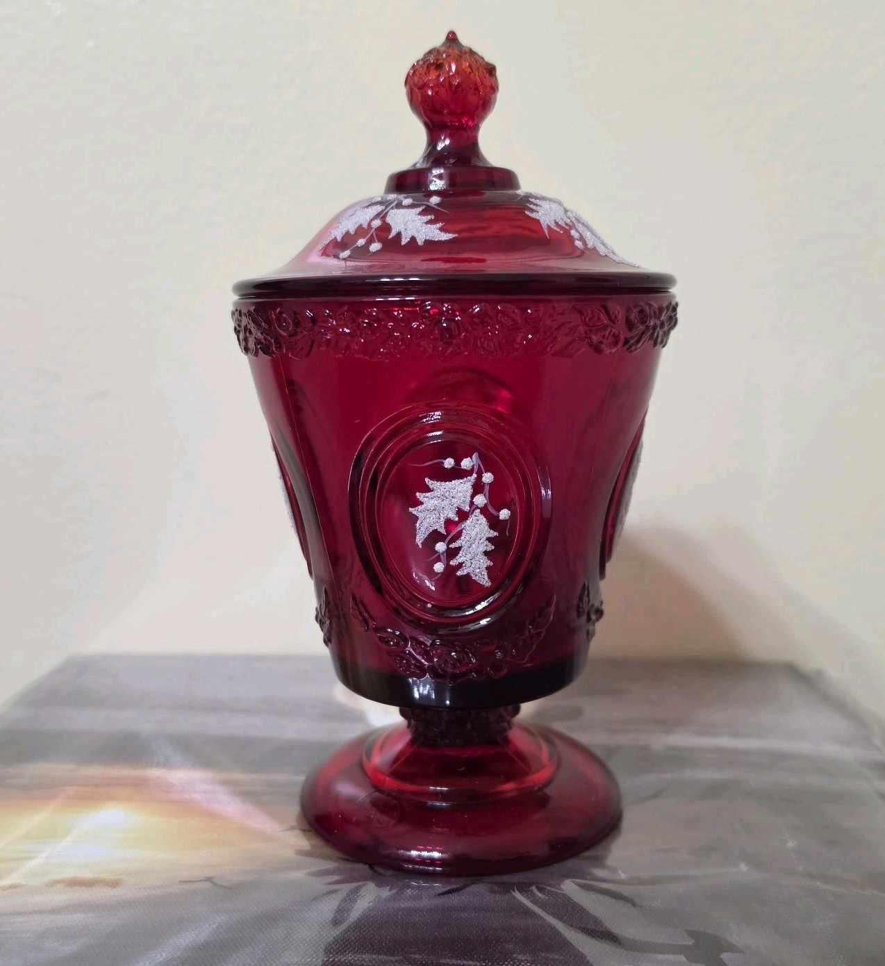 Fenton Christmas Holly Ruby Red Candy Box Dish 8288RH With Lid Signed 8\