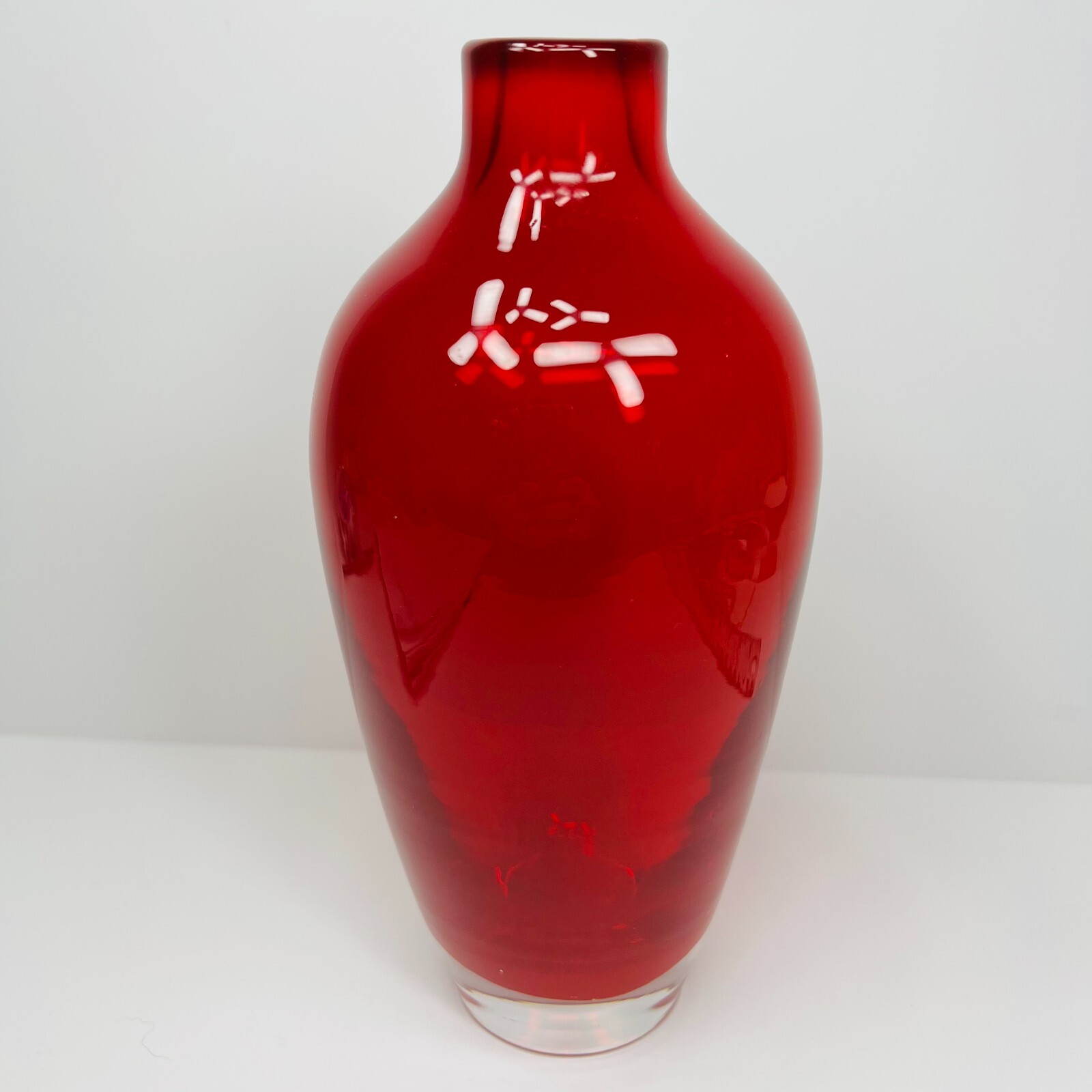 Vintage  Ruby Red Art Glass Bud Vase Hand Blown with a Clear Base Handblown 8\