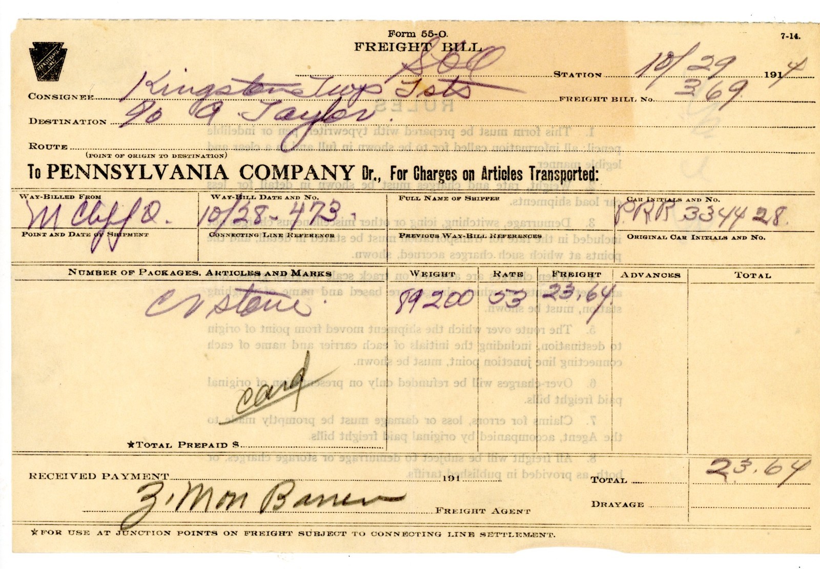1919 Pennsylvania Company Freight Bill Kingston Twp. to Taylor, PA PRR Railroad