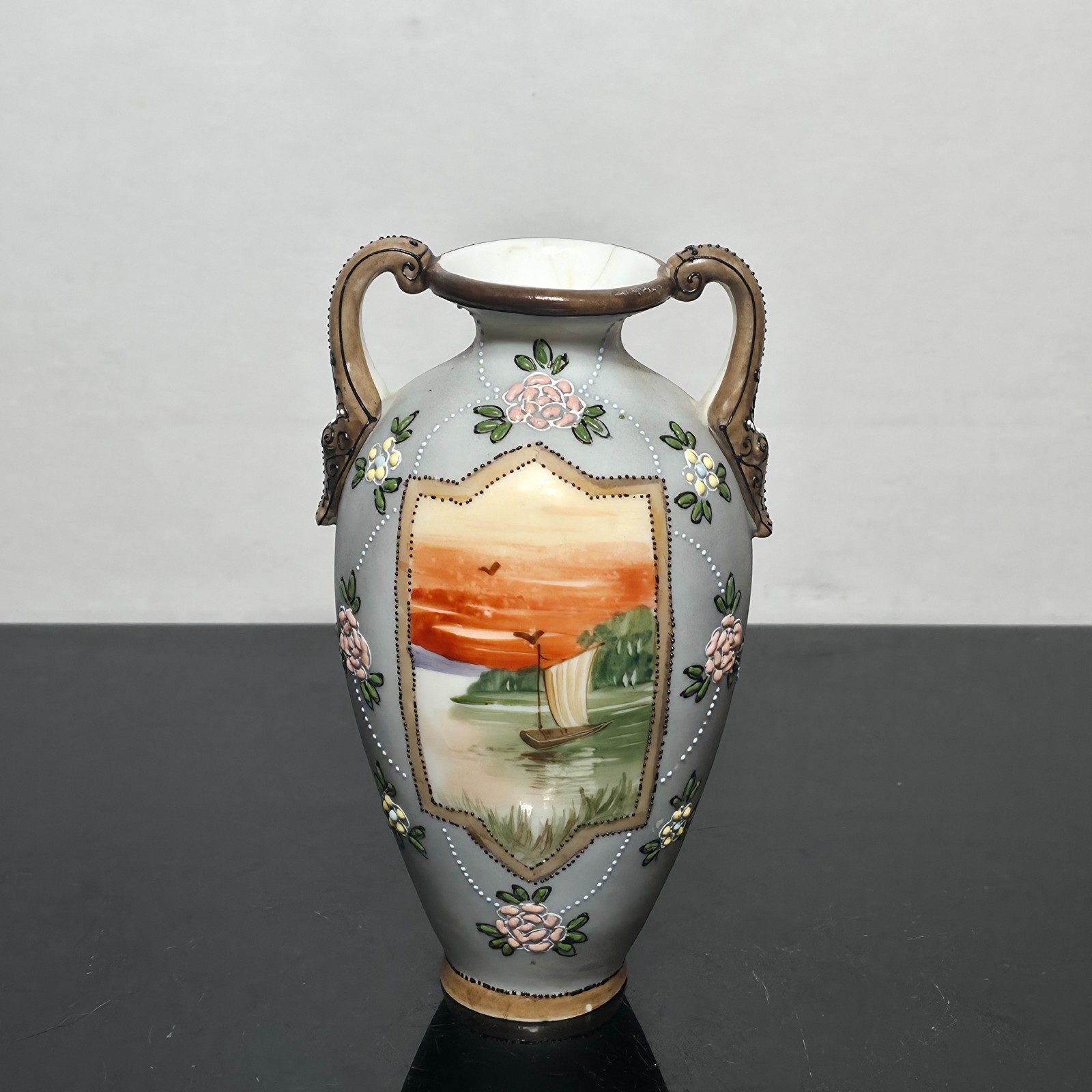 Japanese Moriage Porcelain Vase Twin Handles Sailboat Sunset Floral As Is