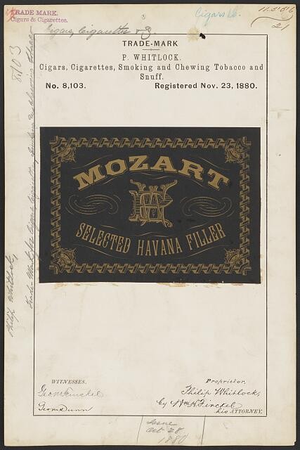 Photo:P Whitlock Mozart Cigars Cigarettes Tobacco Trade Mark 1880s
