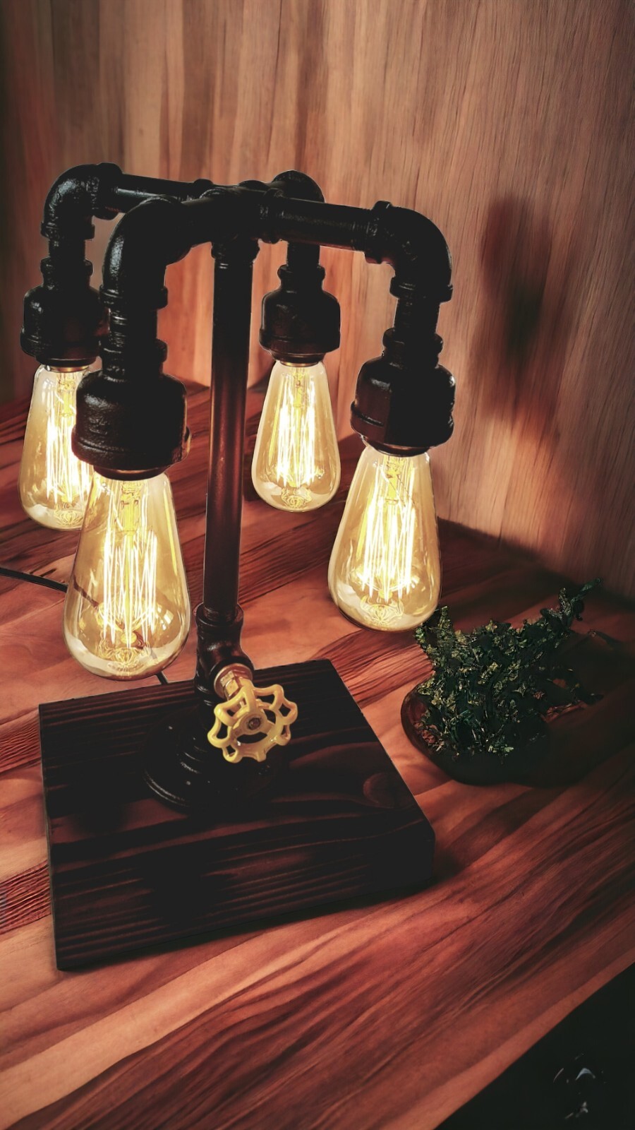 Retro Industrial style Pipe Teardrop down 4 Edison bulb lamp on wood base