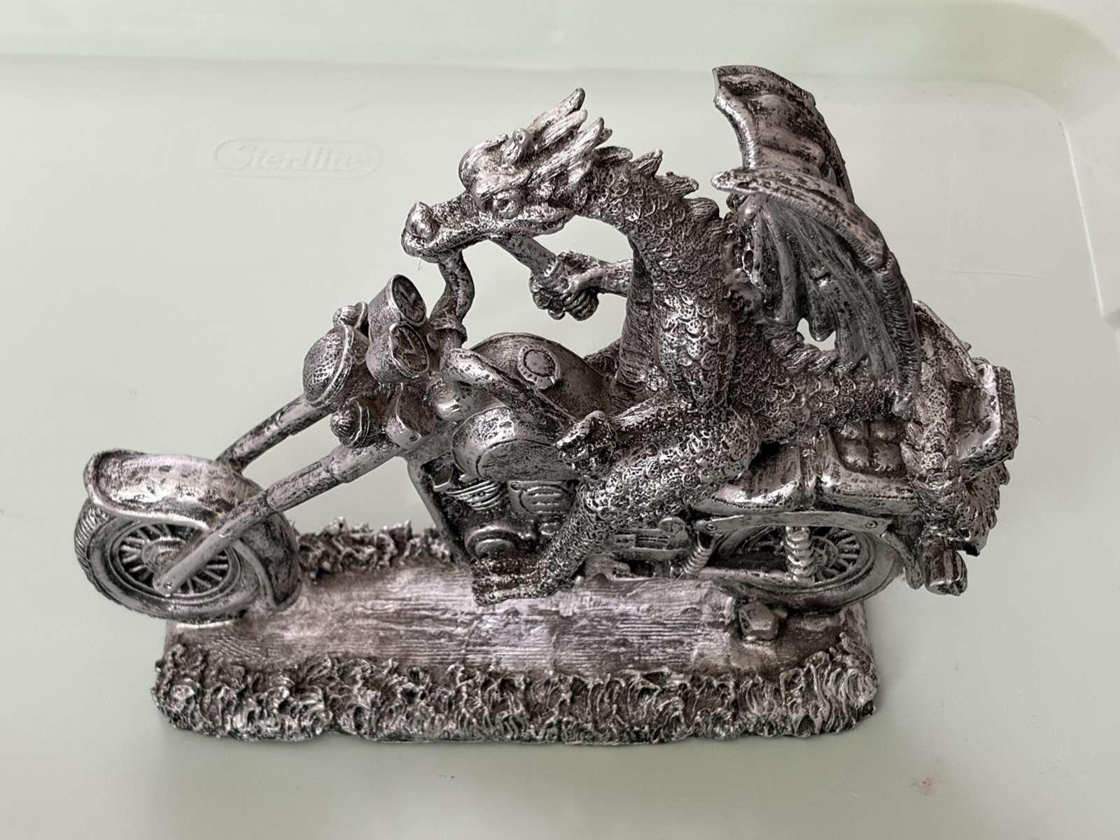 Dragon Riding Motorcycle Silver Resin Statue Myth And Magic Tudor Style 7.25”