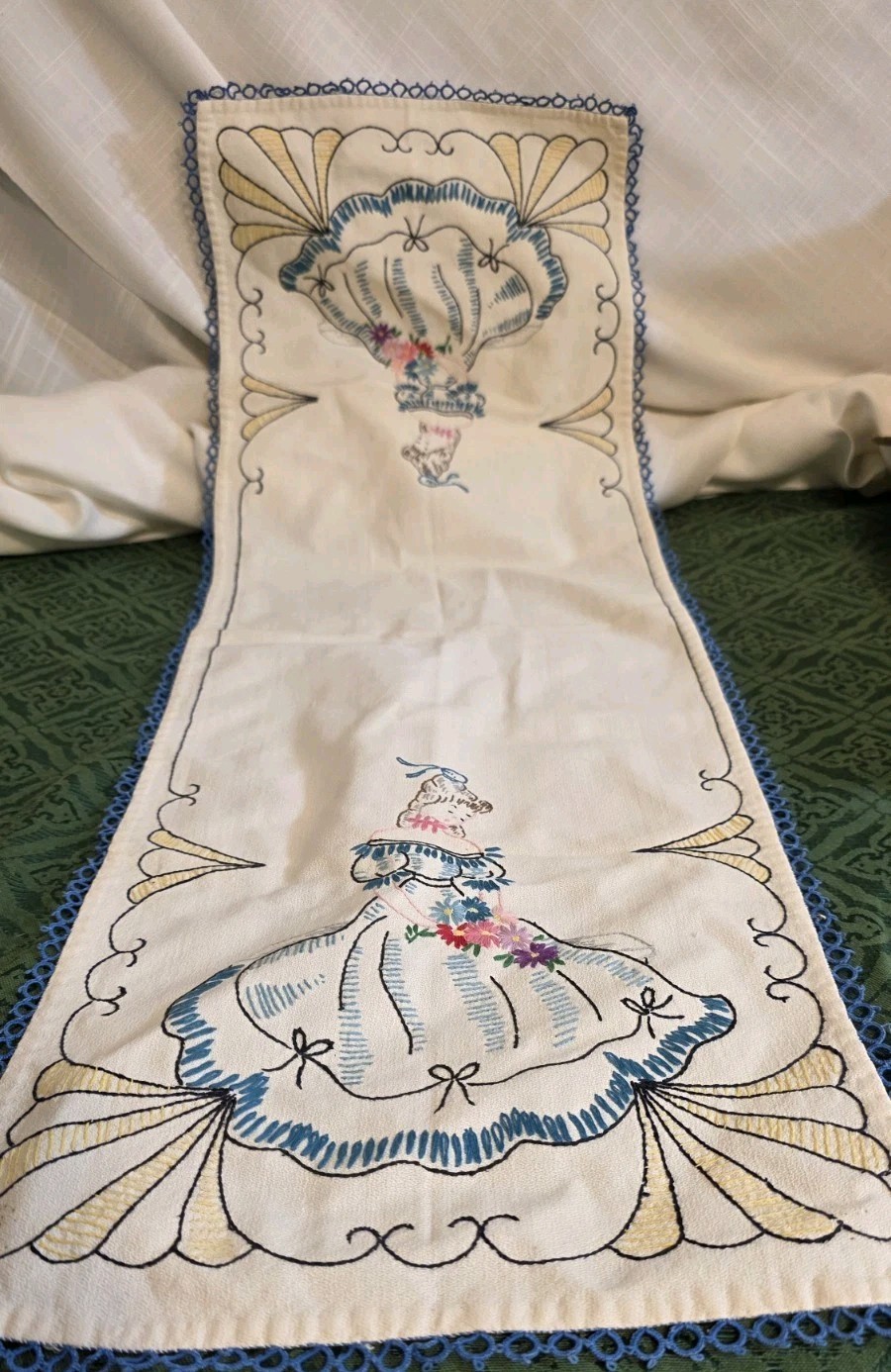 vintage hand embroidered table, runner colonial dame with tatted edge 32 vintage hand embroidered table, runner colonial dame with tatted edge 32