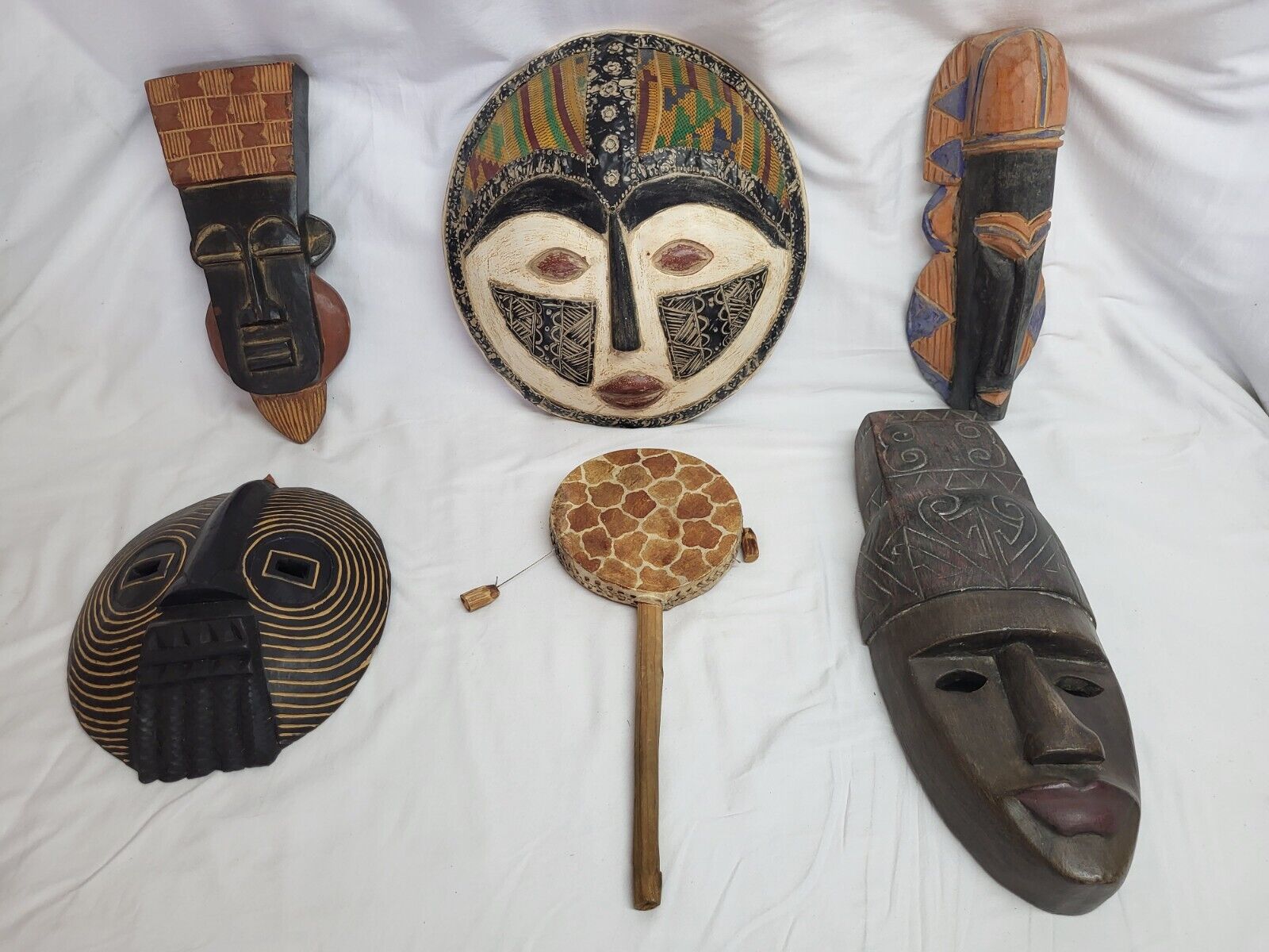 African Hand Carved Wooden Tribal Masks - Group of 5 - Snake Skin Stick Drum