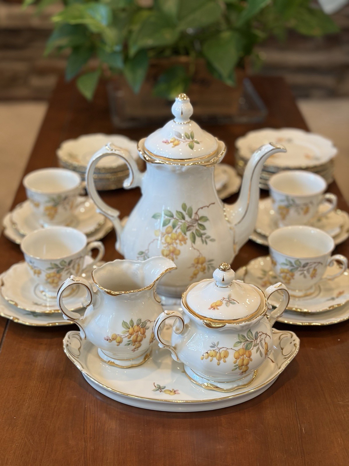 Antique Lyngby Guldregn Danish Porcelain Tea Set Gold Rain Denmark 36 Piece MINT