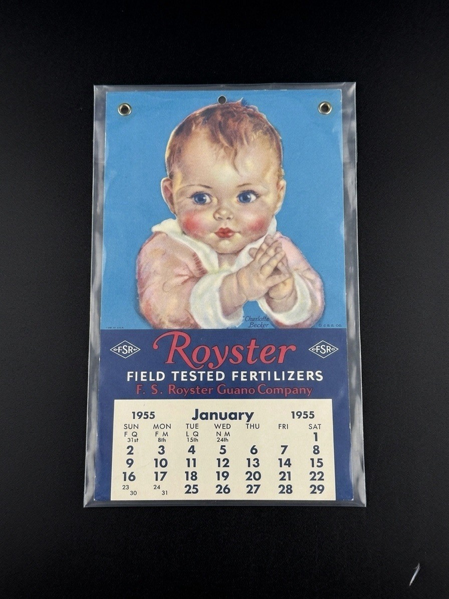 Vintage 1955 Royster Field Tested Fertilizers Calendar Charlotte Becker Baby Art