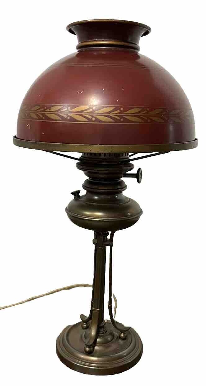 Vintage Brass Faux Gas Light Table Desk Lamp Red Metal Enamel Painted Shade