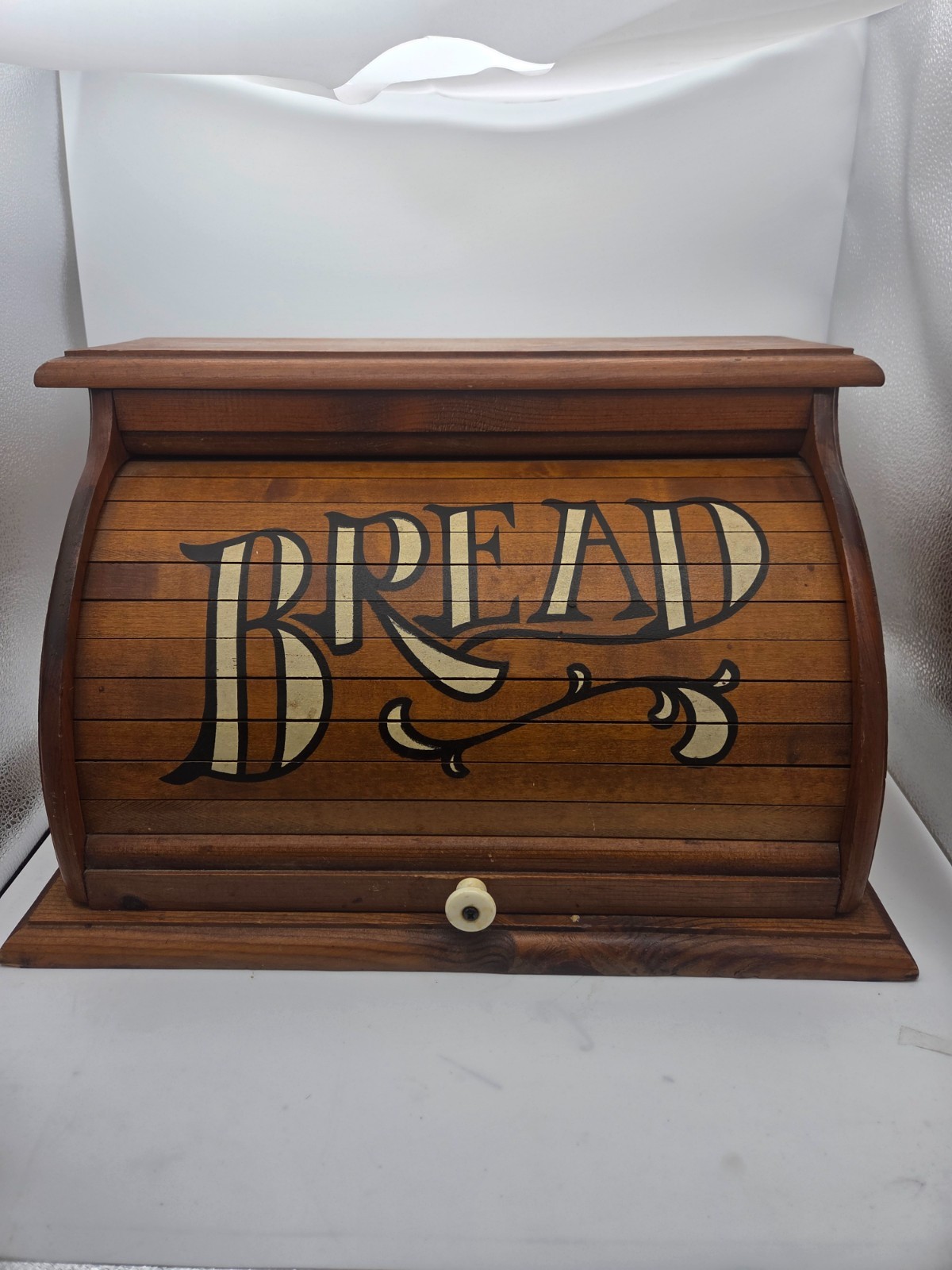  Vintage Wooden Bread Box with Roll-Top Lid and 'BREAD'  Lettering 