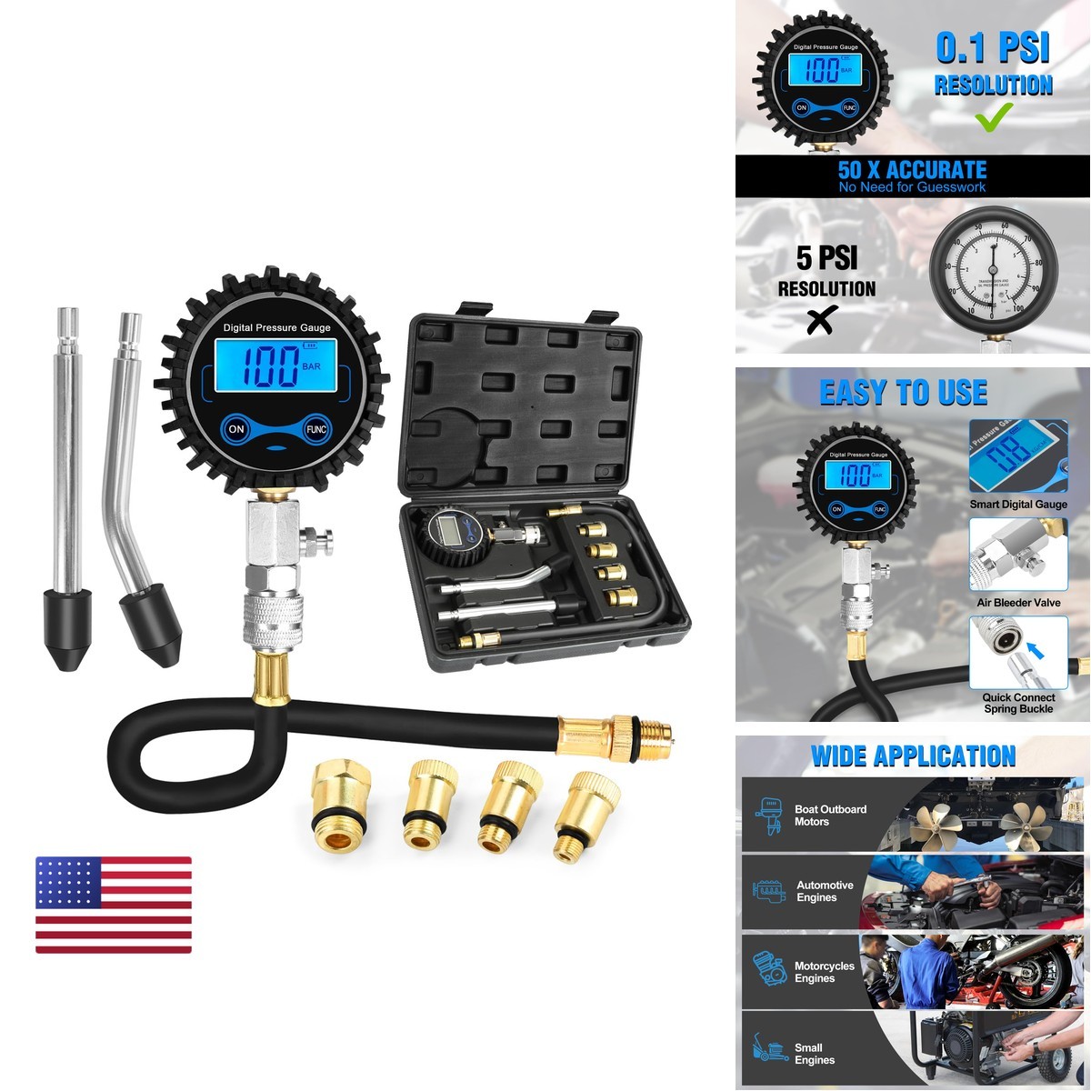 BETOOLL 8pcs Digital Compression Tester 0-300PSI for Petrol Engine Cylinder
