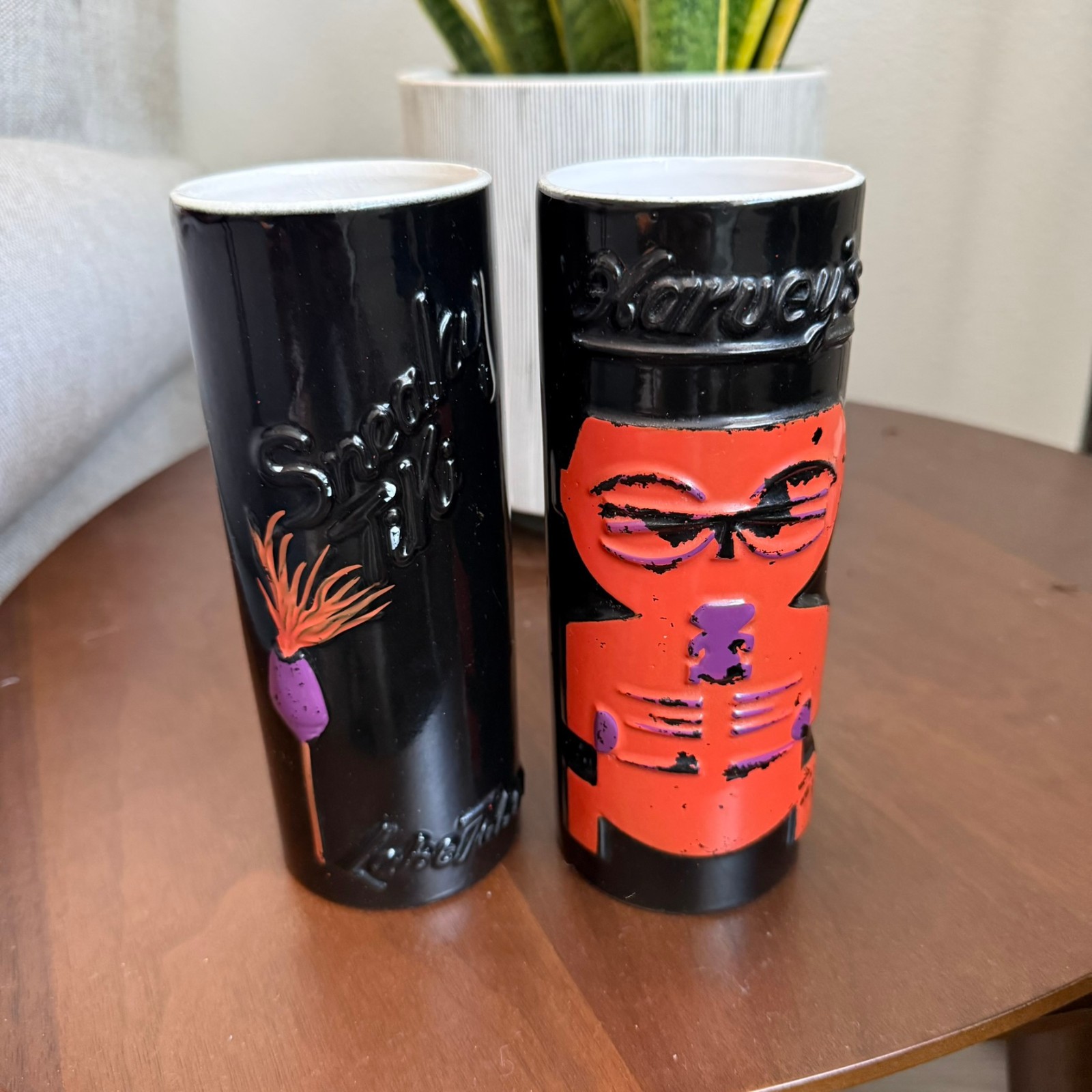 Lot of 2 Vintage Harvey's Lake Tahoe Sneaky Tiki's Black Ceramic Tall Cups Rare