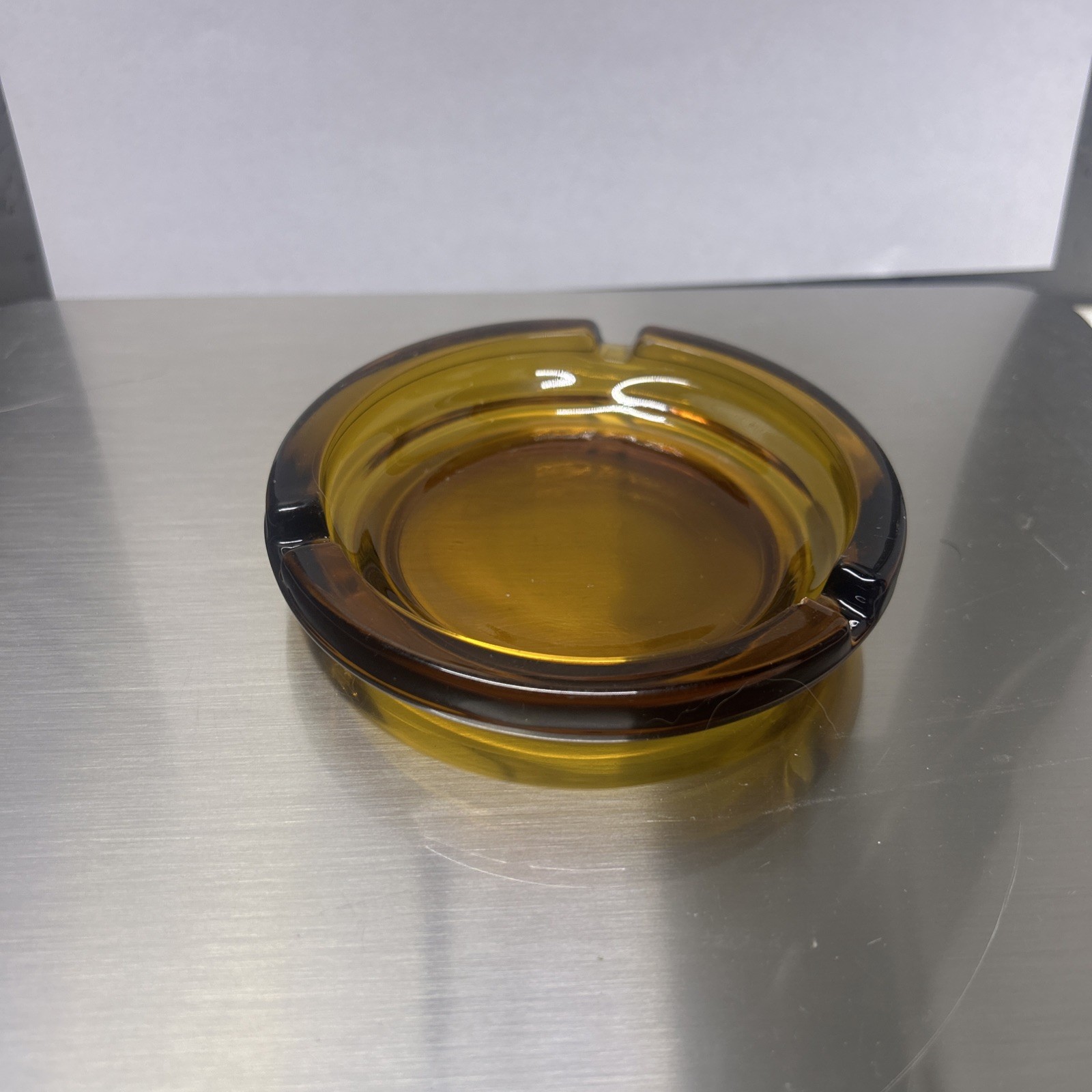 Amber Glass Round Ashtray w/ 4-Slot Cigarette Rest, Glass Ashtray Vintage Amber Glass Round Ashtray w/ 4-Slot Cigarette Rest, Glass Ashtray Vintage