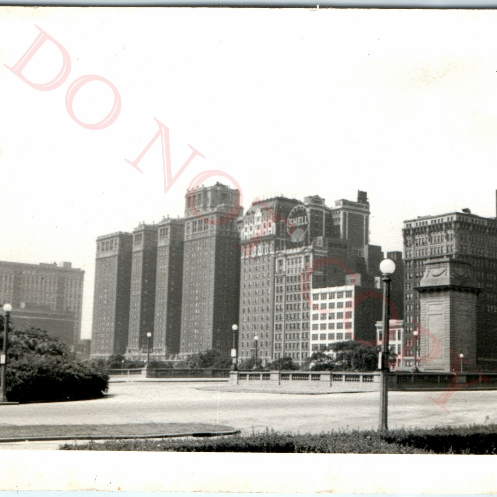 c1940s Chicago IL Michigan Ave Skyline Shell Oil Sign Stevens Hotel Grant Park