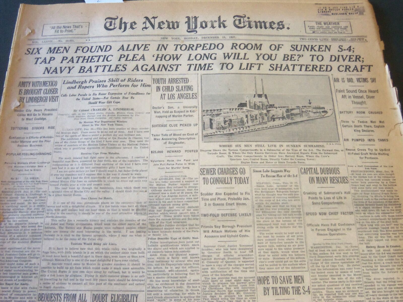 1927 DECEMBER 19 NEW YORK TIMES - SIX MEN ALIVE IN TORPEDO ROOM OF S-4 - NT 6305