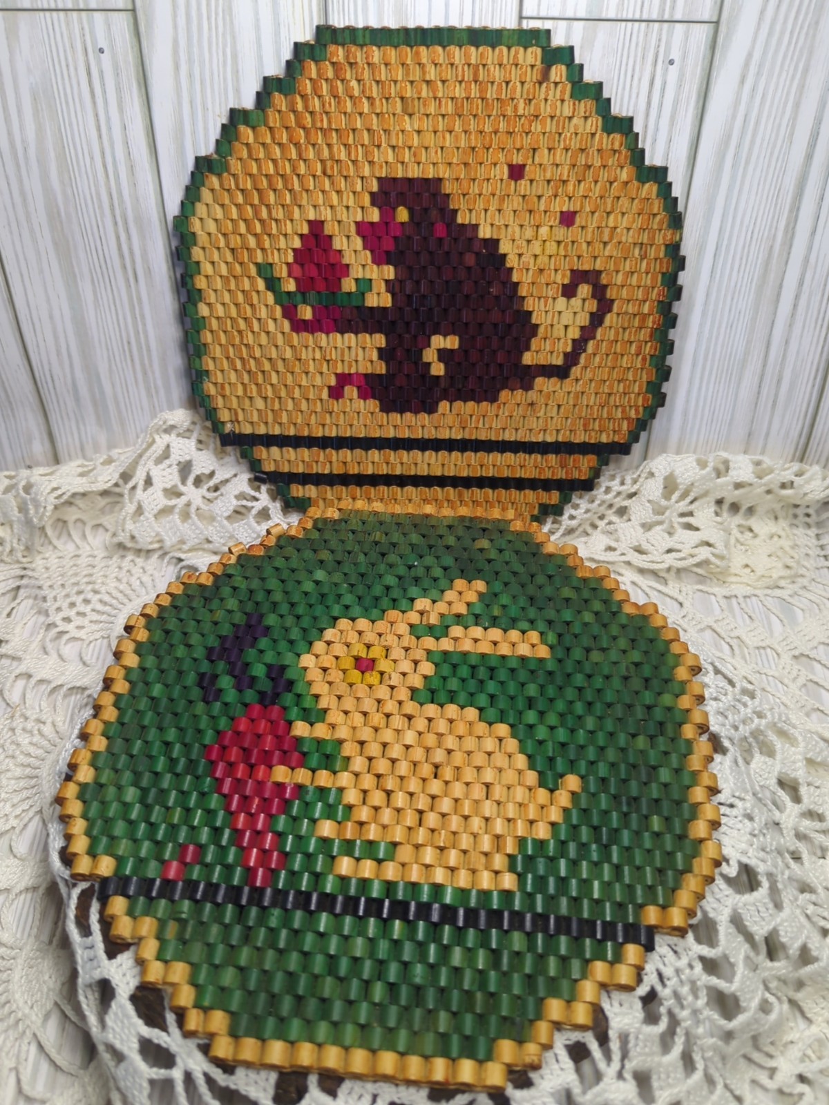 Vtg MCM Wooden Bead Trivet Hot Pad Set 2 Monkey Rabbit 1970s Boho Kitchen Decor