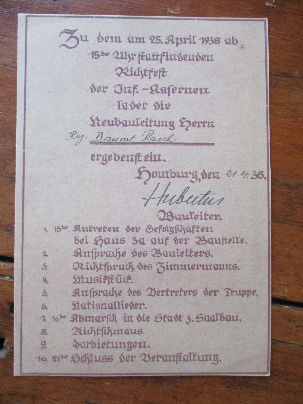 RARE 1938 invite YOUTH RETREAT CAMP 3rd Reich TOPPING OUT ceremony HAMBURG WWII