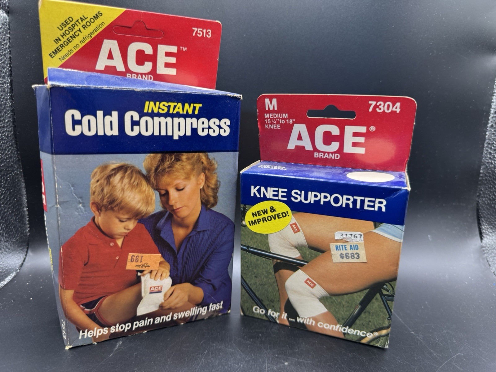 VTG ACE Brand First Aid Lot Instant Cold Compress 7513 Knee Supporter 7304 Prop