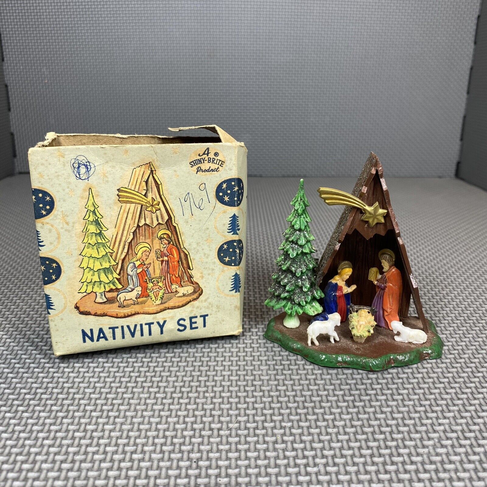 Vintage Shiny Brite Miniature 4 inch Christmas Jesus Nativity With Box Plastic