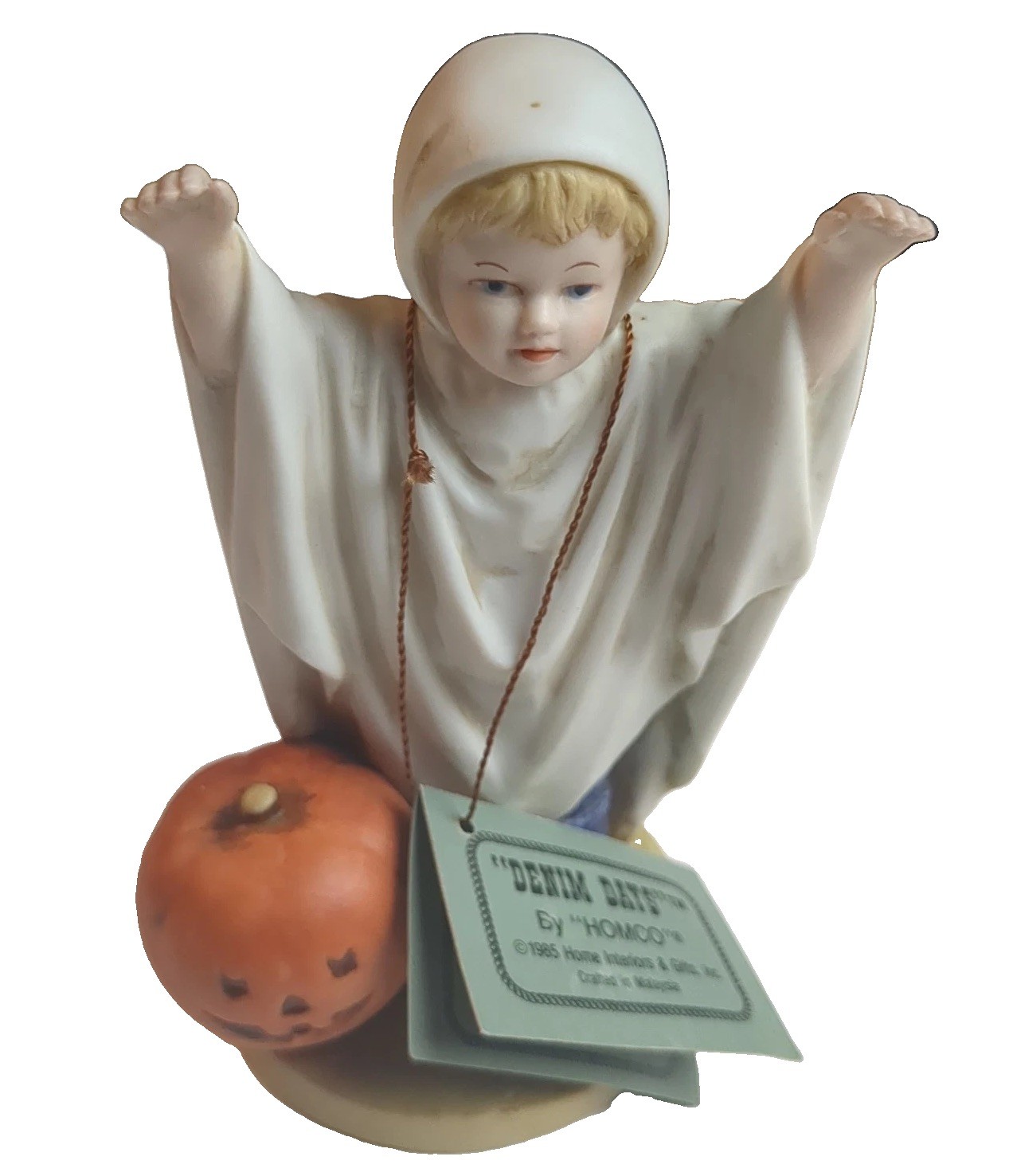 Homco Denim Days 1985 Boy With Pumpkin Bisque Porcelain Figurine With Tag New