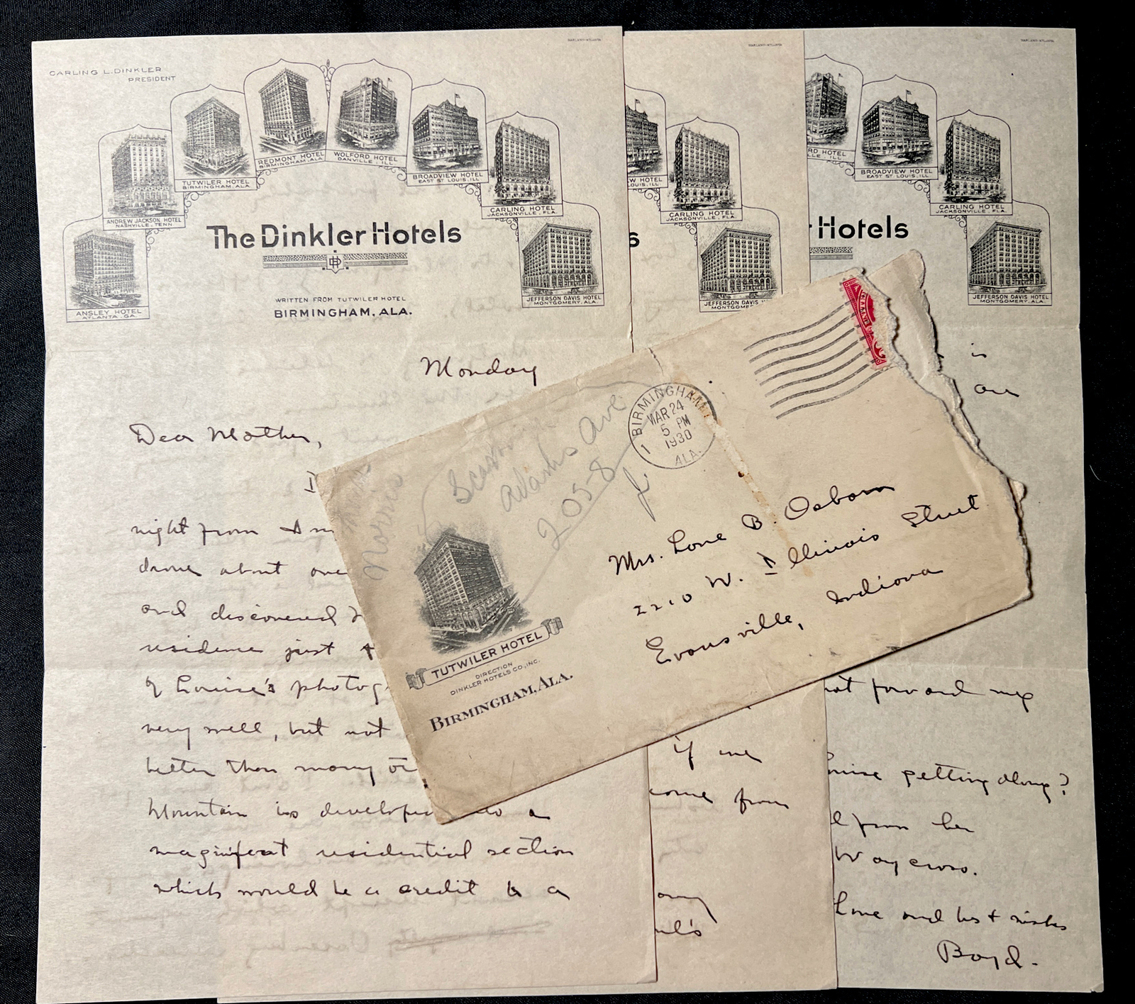 1930 The DINKLER HOTEL Birmingham Alabama 3 Page Letter w Envelope