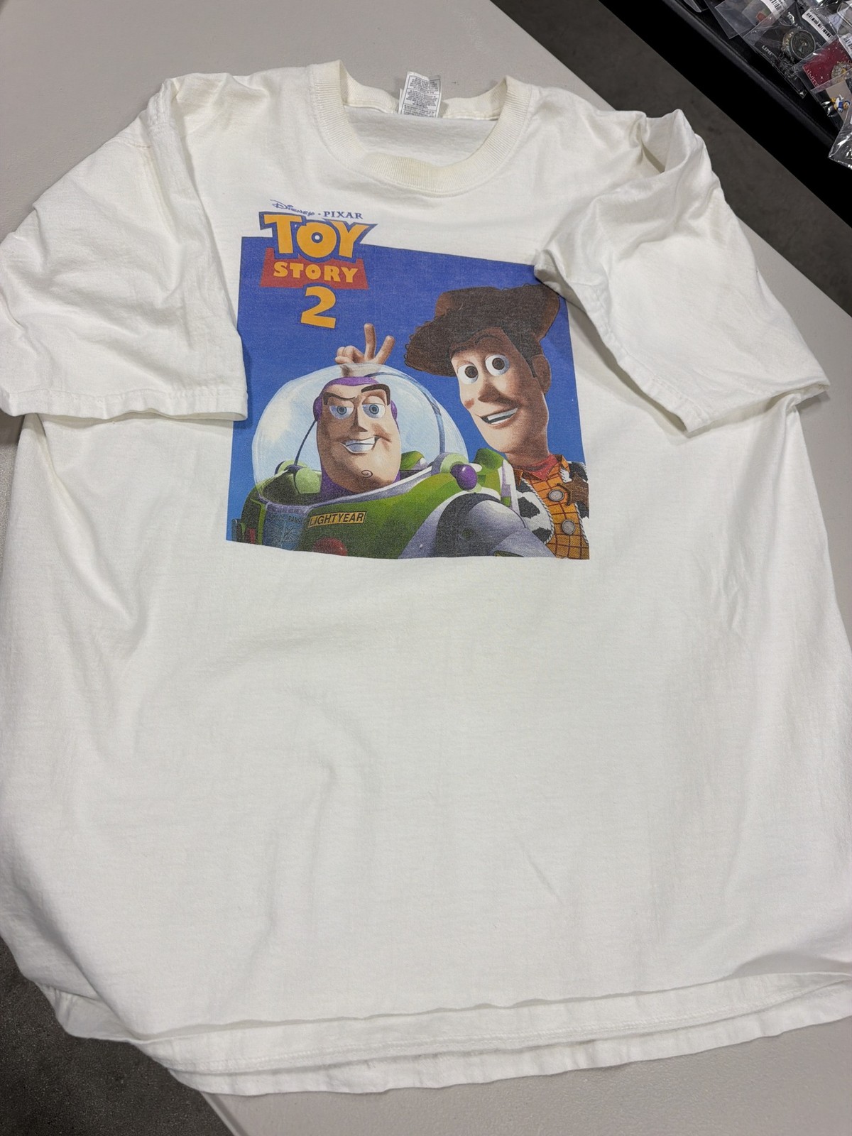 Vintage 1999 Toy Story 2 Cast Member T-Shirt Buzz Woody White XL Lofteez