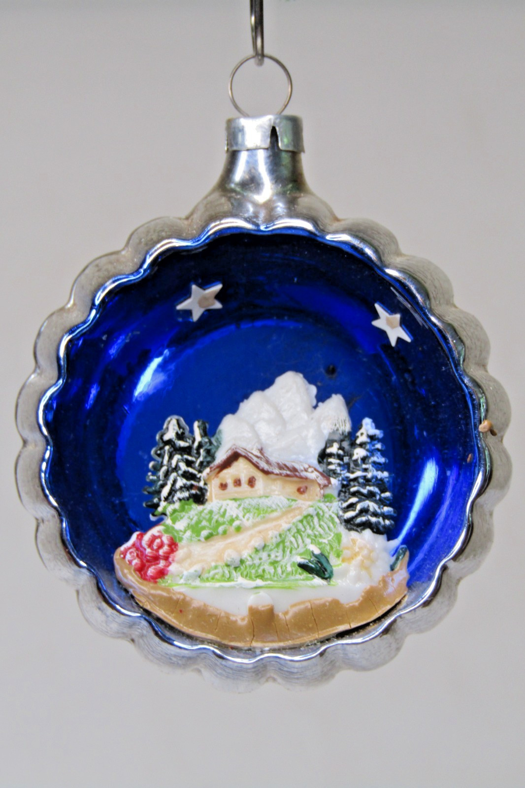 Vintage Glass Diorama WINTER HOUSE MOUNTAINS BALL Christmas Ornament Italy