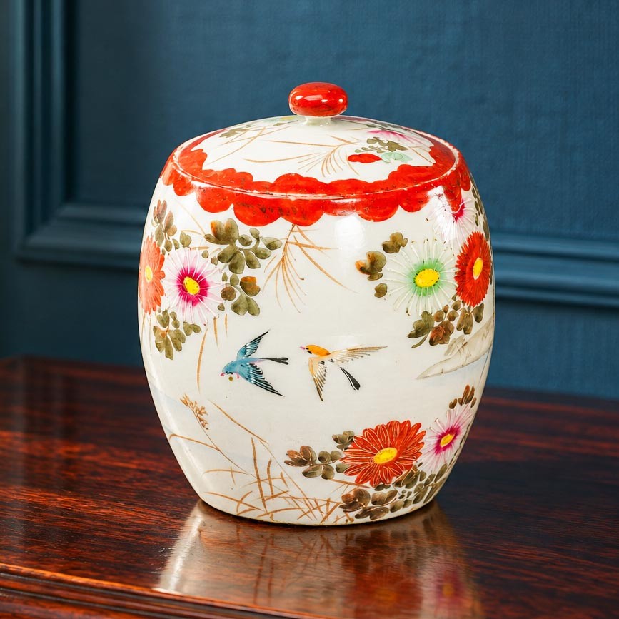 Beautiful Antique Japanese Porcelain Lidded Jar Hand Painted Birds & Chrysanthem