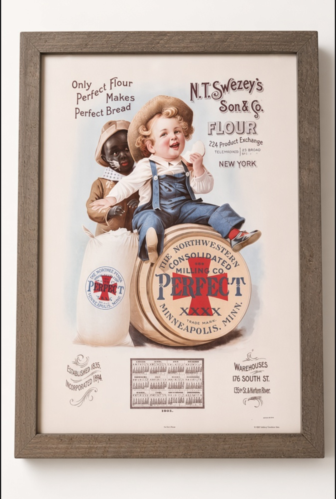 Vintage N.T. Swezey\'s Son & Co. Perfect Flour 1901 Calendar Poster framed