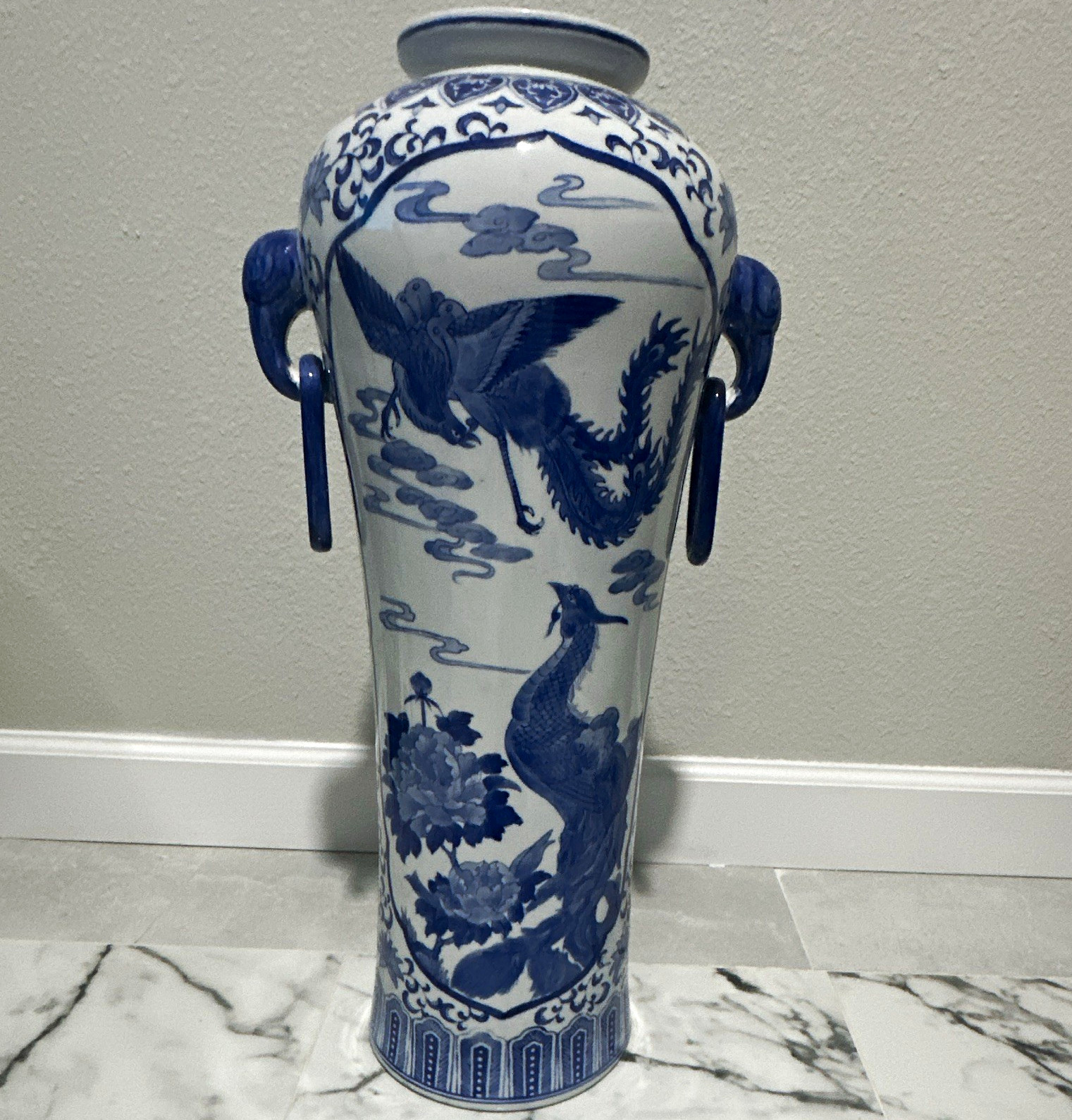 Chinese Blue & White Porcelain Floor Vase, Dragon & Crane Motif, Handles