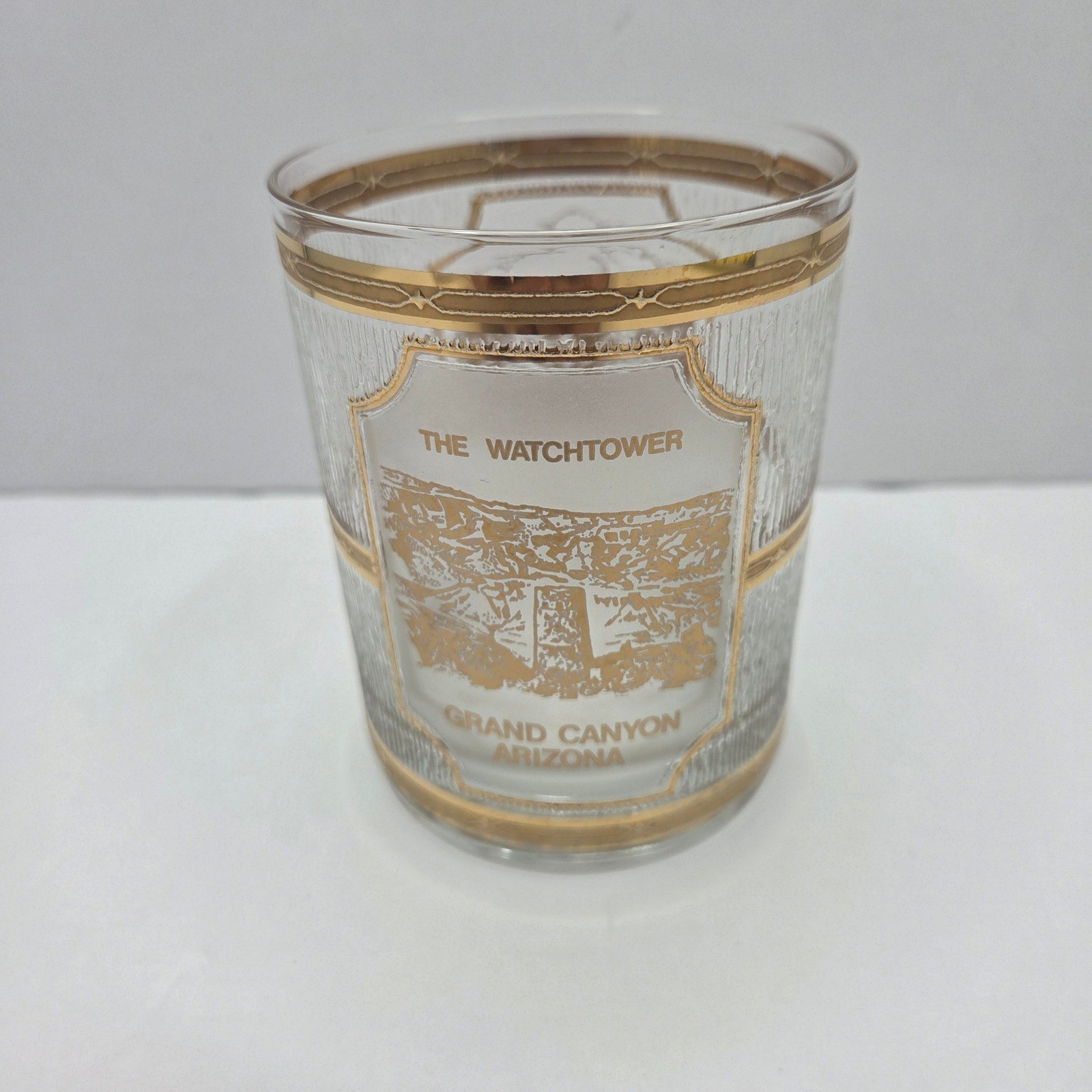 Vintage Grand Canyon Souvenir Glass The Watchtower Arizona Gold Trim Frosted 4in