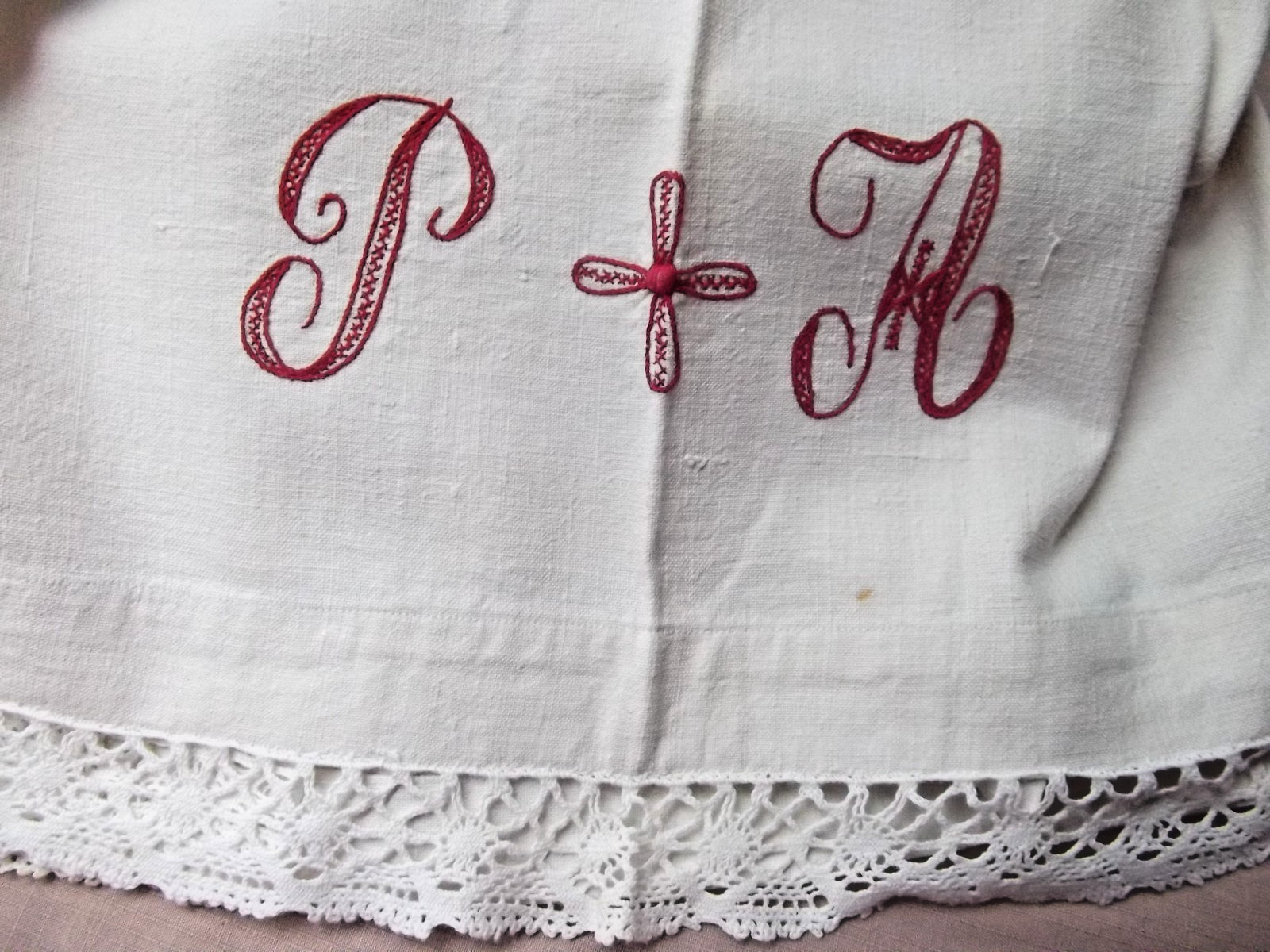 Vtg antique monogram PA French metis linen sheet 90