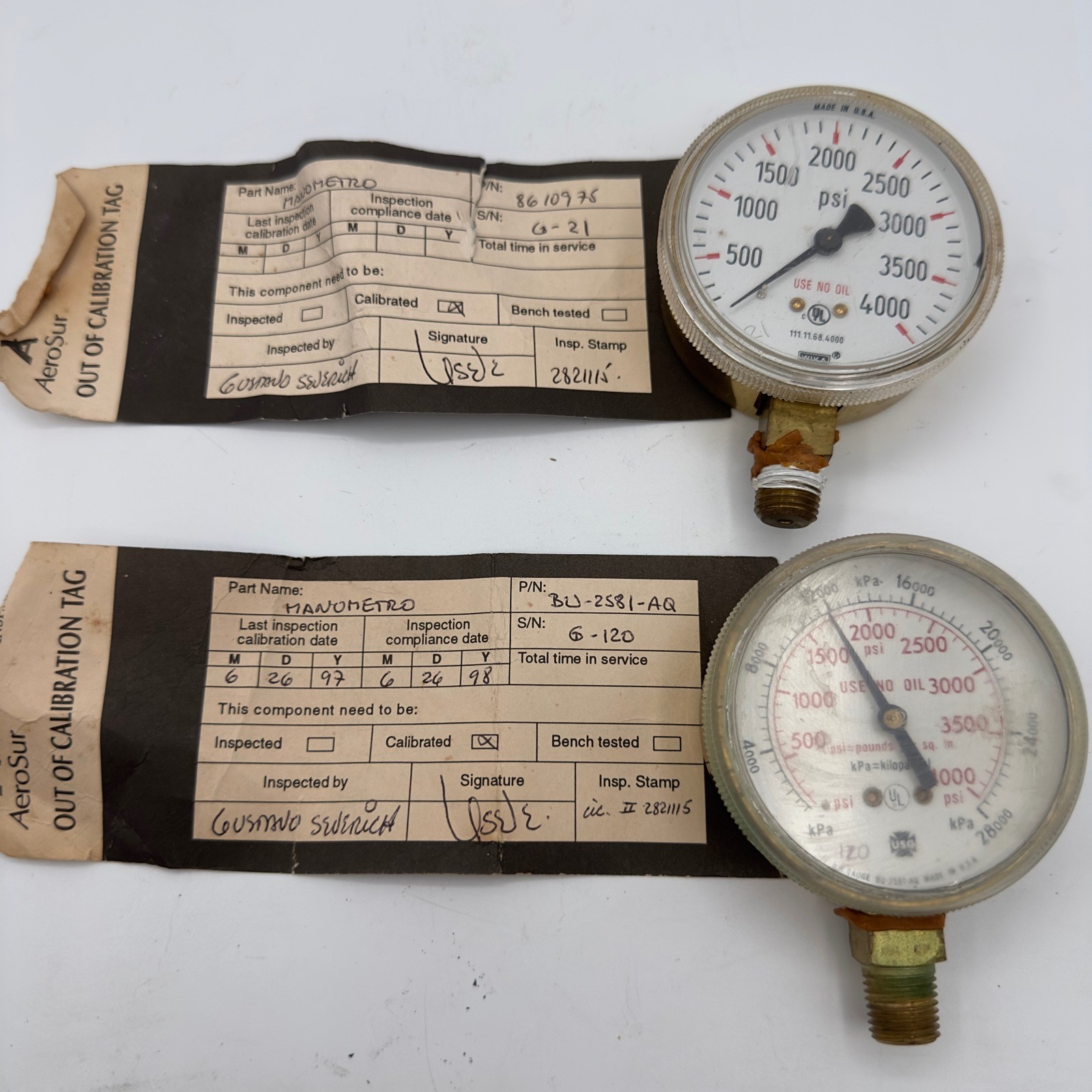 Pair Vintage US Gauge 4000 PSI Brass Pressure Gauges Use No Oil Aviation Shop