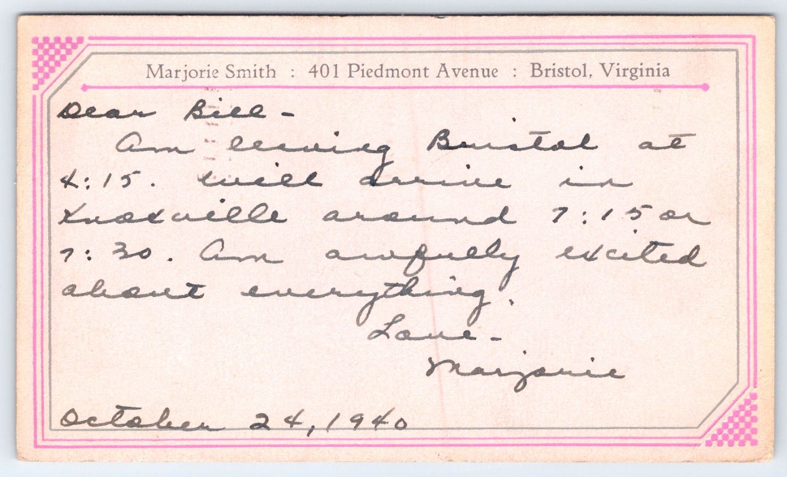 1940 Bristol VA Personal Postal Postcard to Knoxville TN Marjorie Smith