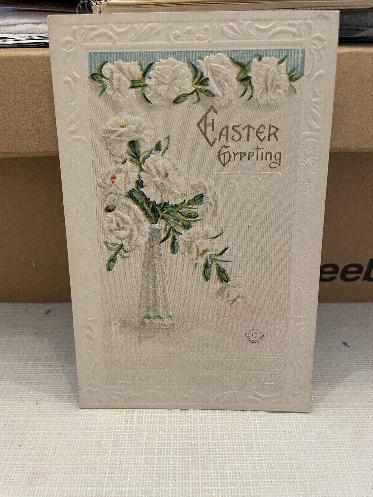 Vtg Postcard Embossed Easter Greeting White Carnations 1912