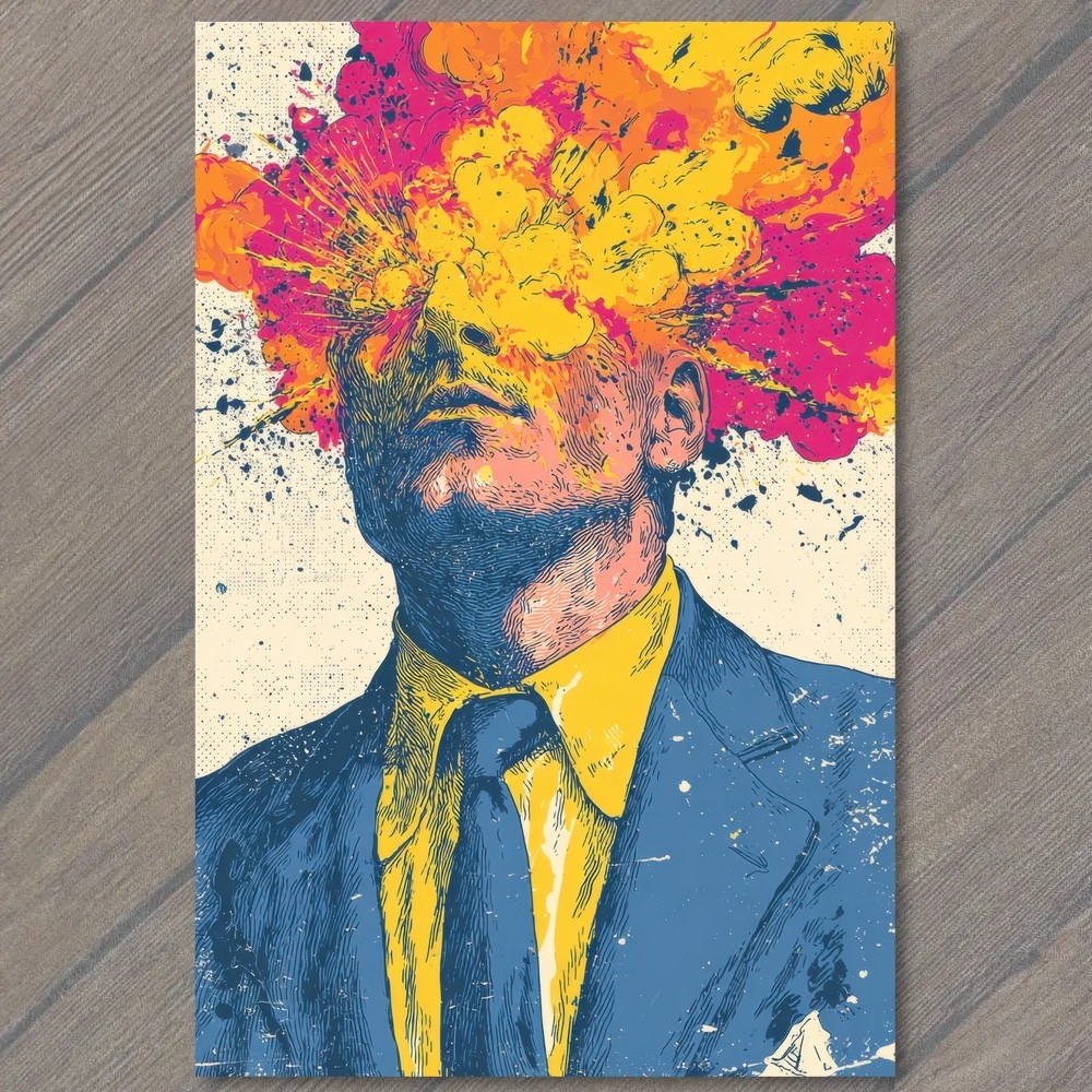 POSTCARD Exploding Head Man Color Burst Suit Tie Surreal Psychedelic Pop Neon