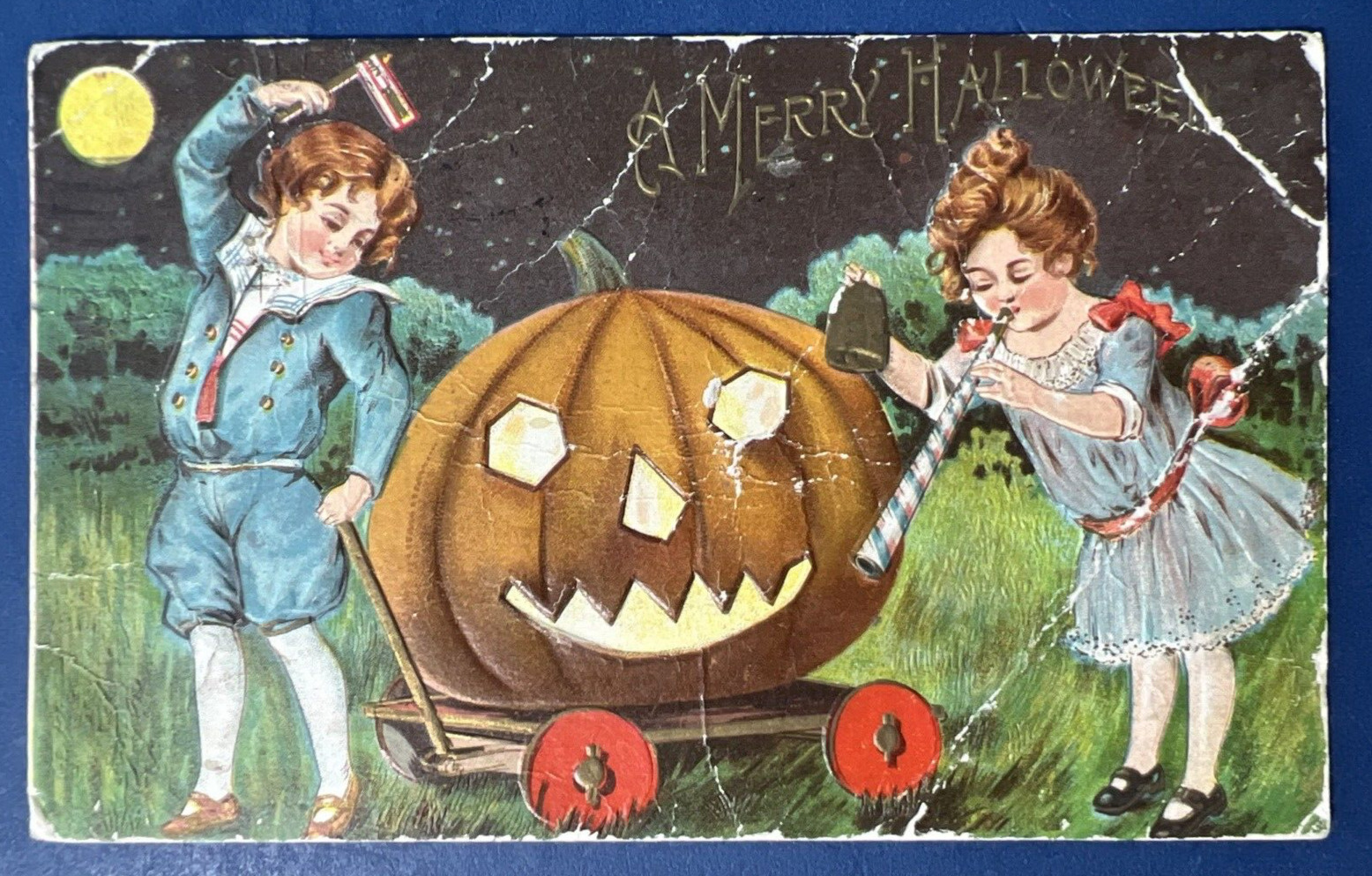 Boy & Girl Celebrating Halloween Antique Postcard, 1908. EMB. Gold. Creases