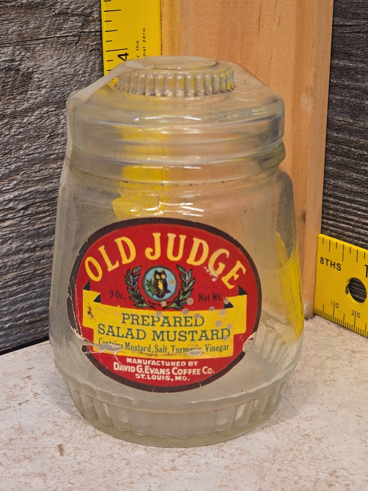Vintage Old Judge Salad Mustard Jar 9oz., D. G. Evans Coffee Co, St Louis, MO