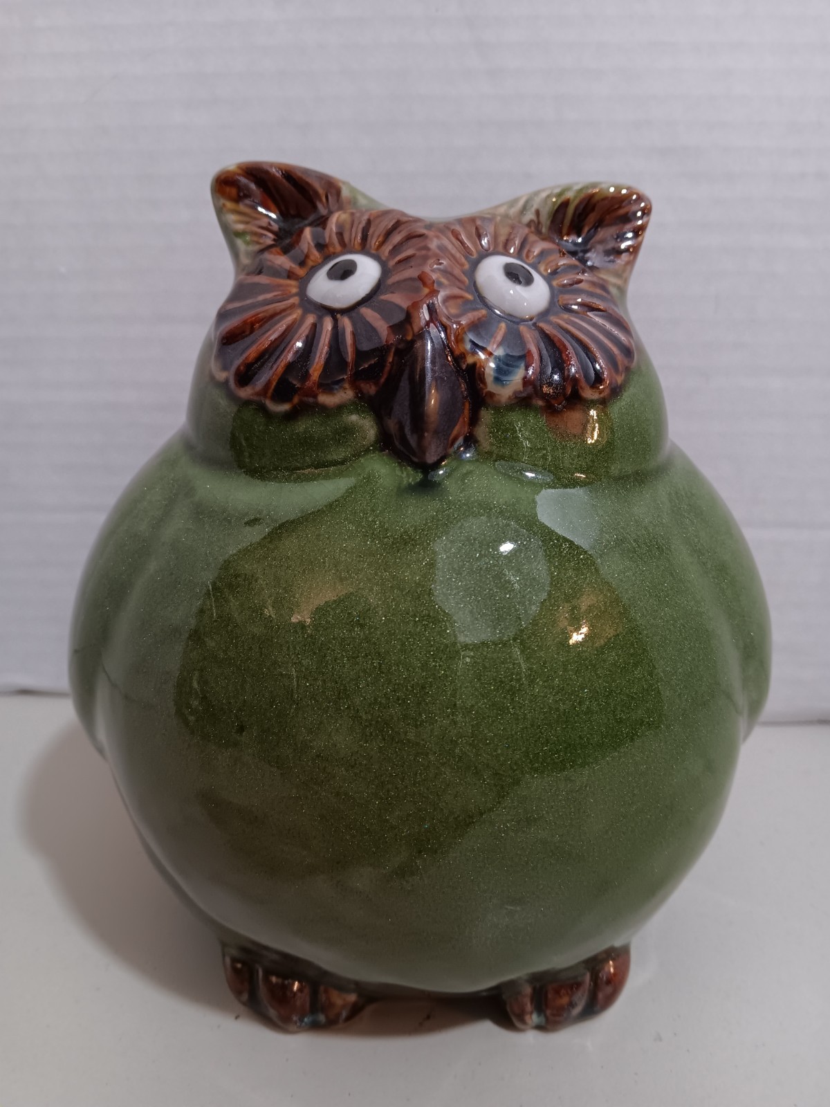 CERAMIC OWL FIGURINE STONE - Green With Brown Around Eyes