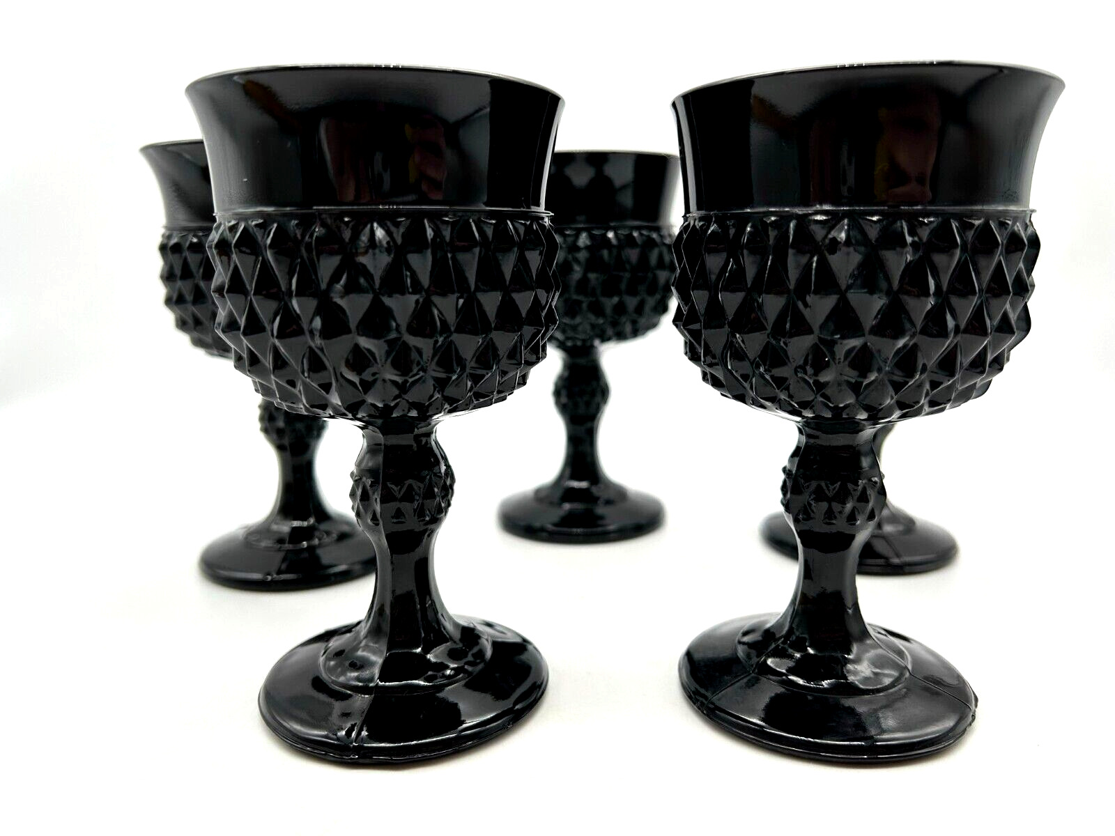Indiana Glass Tiara Black Amethyst Diamond Point Wine Water Goblets Gothic 5 Vtg