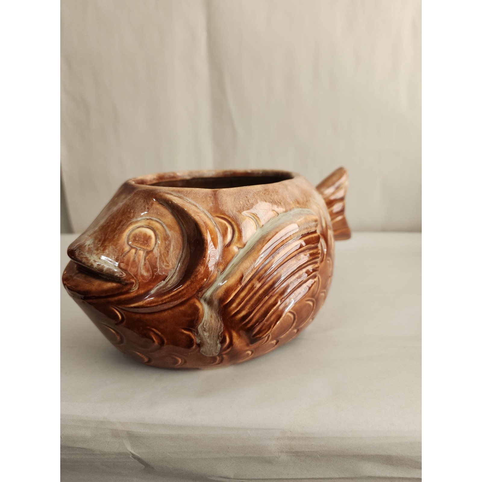 Vintage Ceramic Fish Planter Glazed Pottery Figural Novelty Brown Vase Bowl