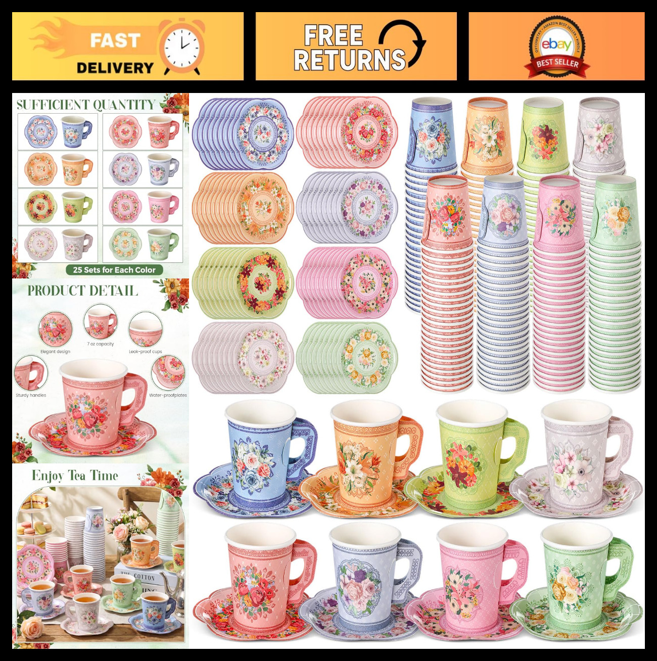 400 Pcs Floral Disposable Tea Cups & Saucers - Vintage 7 oz Party Supplies for W 400 Pcs Floral Disposable Tea Cups & Saucers - Vintage 7 oz Party Supplies for W