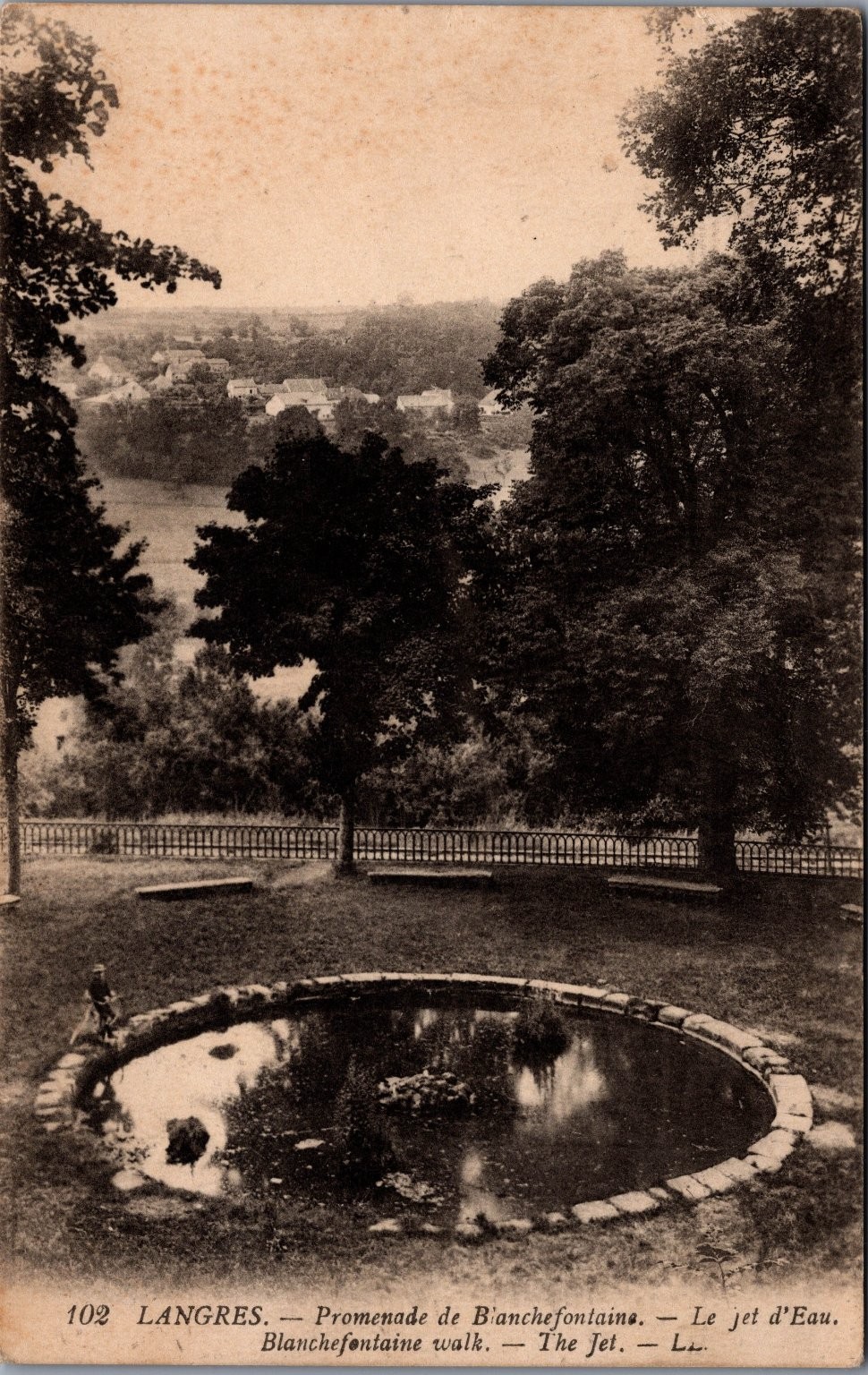 Langres Blanchefontaine Walk Pond Fountain France RPPC Postcard 1919