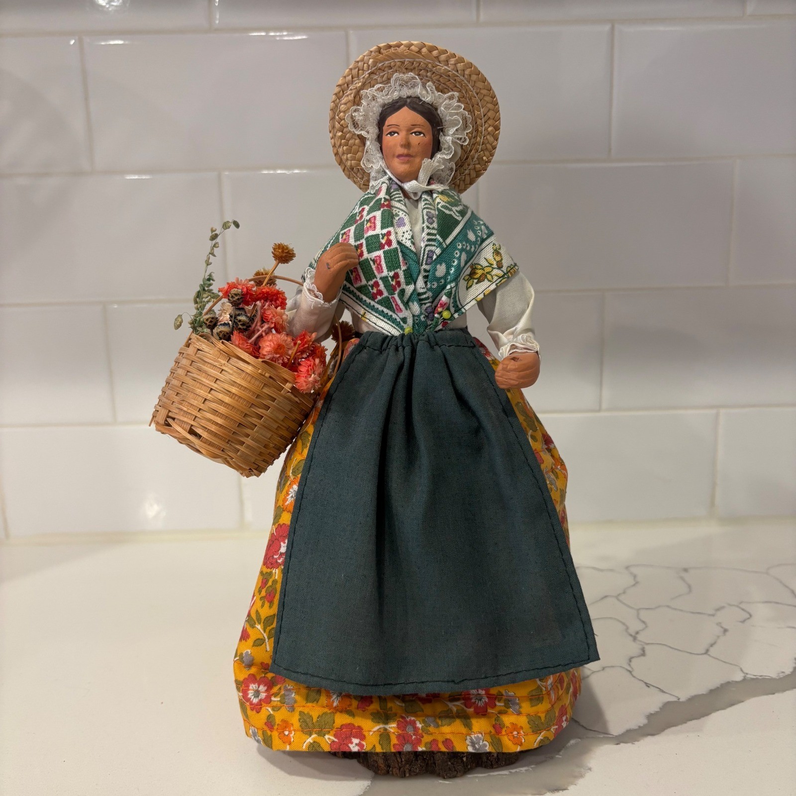 Vintage Santon de Provence French Folk Art Doll Clay Face Wood Base Made France