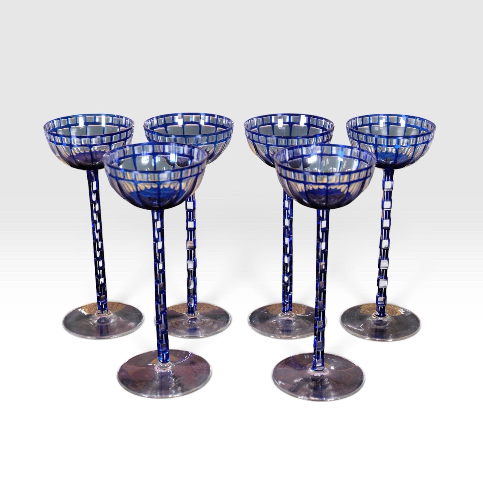 Otto Prutscher Blue Flashed Glass Goblet Set of 6 Meyr’s Neffe 1907 8.25\