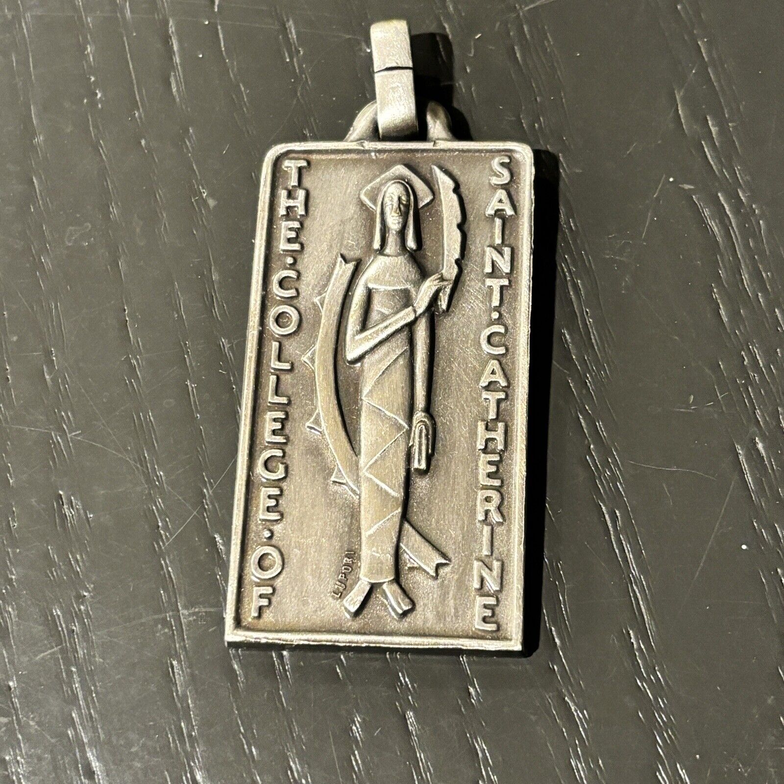 Large Heavy St Catherine St Kate's Uni Pewter Vtg Religious Medal Pendant ~51g
