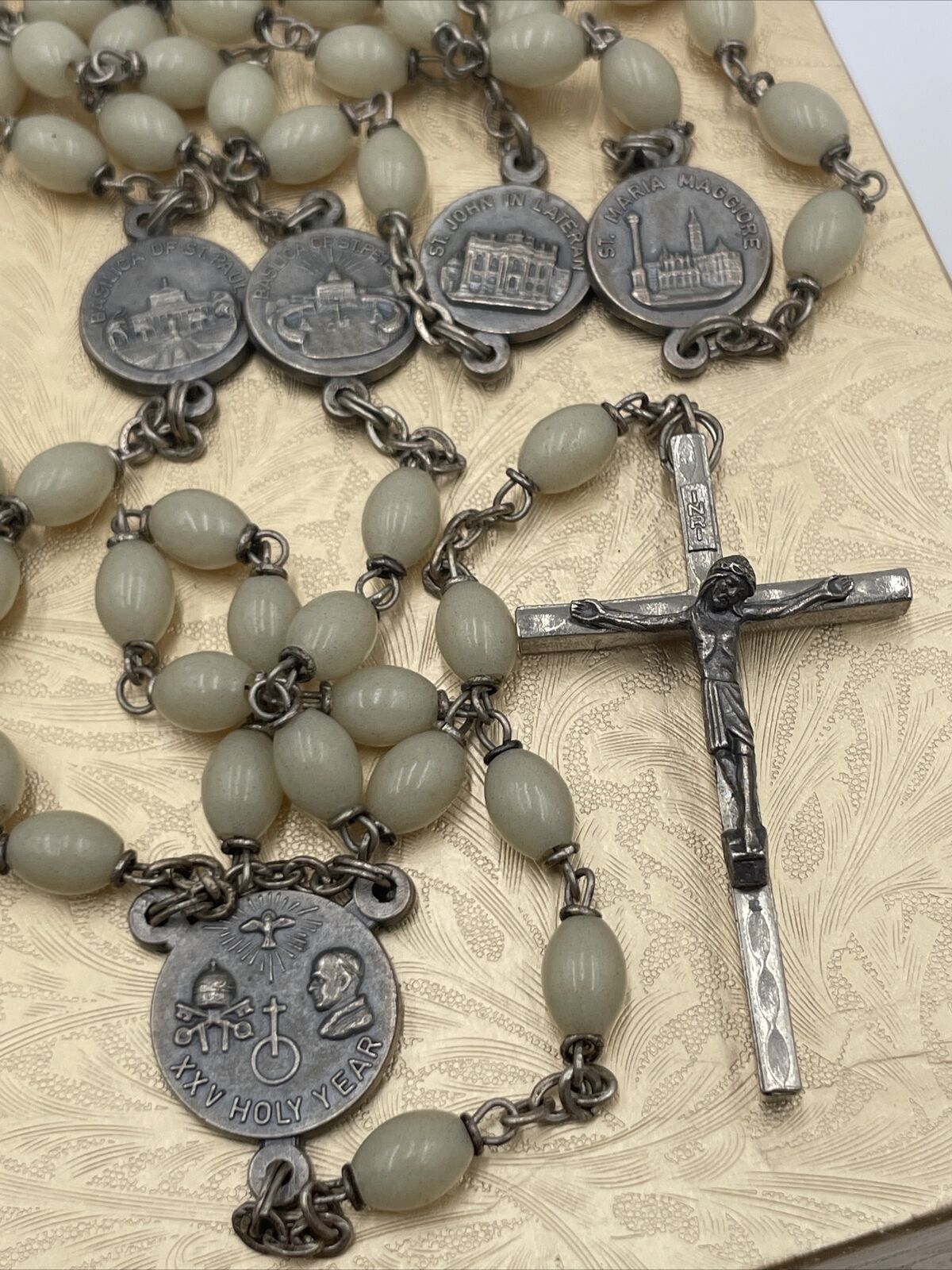 Vintage White Beaded Rosary Silver Tone Italy Holy Year St Paul St Pete St Maria