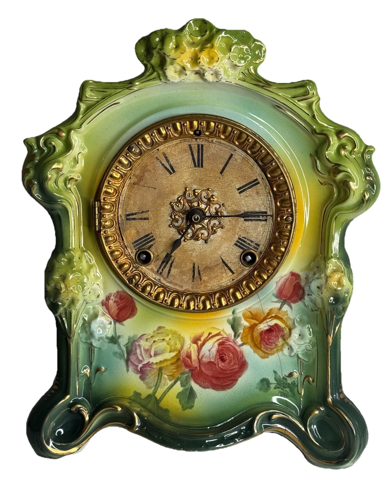 Antique 1800s Ansonia Porcelain Mantle Clock Fully Serviced Key And Pendulum