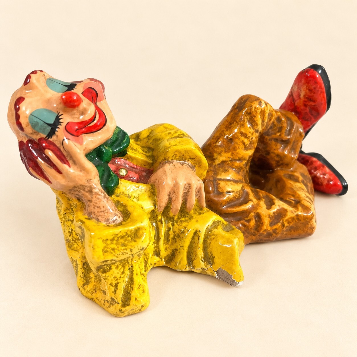 Vintage ALVAREZ Mexico Paper Mache Reclining Circus Clown Figurine Signed Folk Vintage ALVAREZ Mexico Paper Mache Reclining Circus Clown Figurine Signed Folk